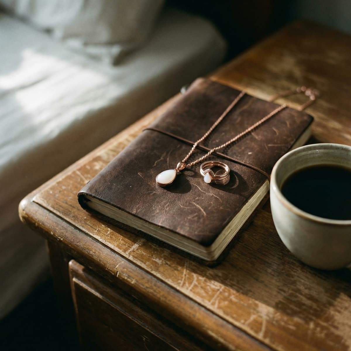 Rose-gold breastmilk keepsake necklace and ring on a leather journal beside a coffee cup, a cozy gift idea celebrating a 1 year breastfeeding award milestone.