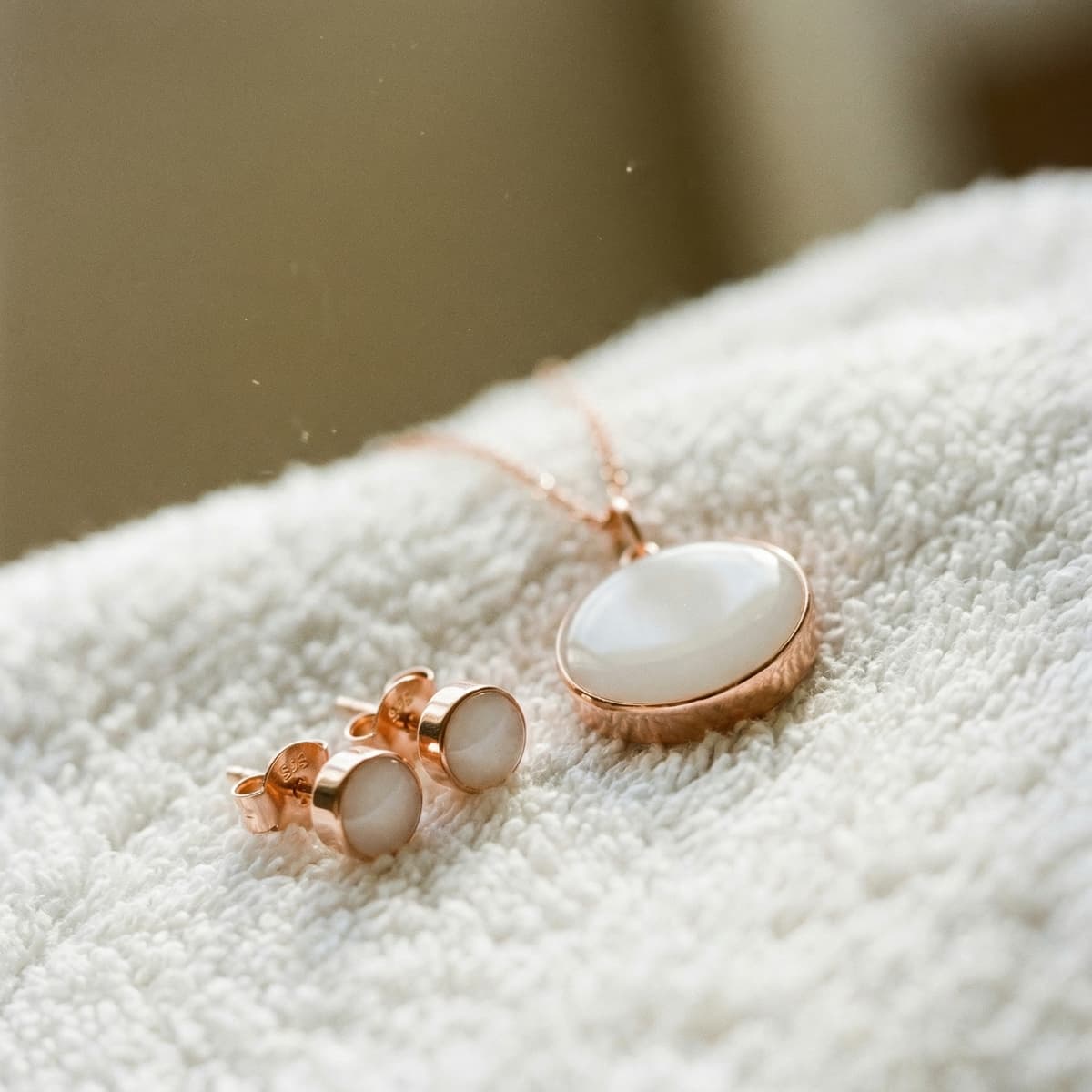 Rose gold breastmilk jewelry set with pendant necklace and matching stud earrings displayed on a soft white towel, a meaningful keepsake celebrating a 1 year breastfeeding award.