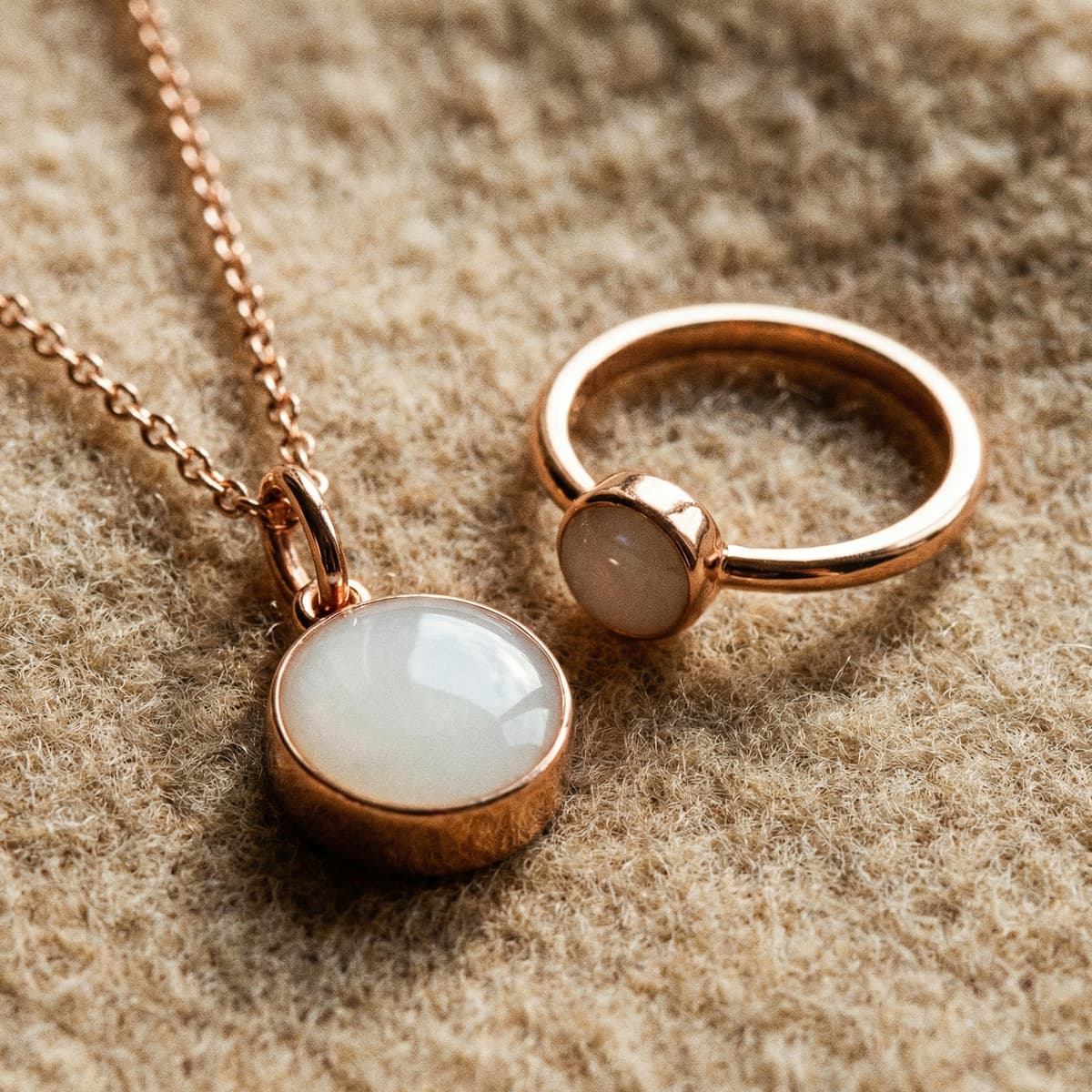 Rose-gold breastmilk keepsake necklace pendant with milky white resin stone and matching ring on soft neutral fabric, a meaningful 1 year breastfeeding gift for moms