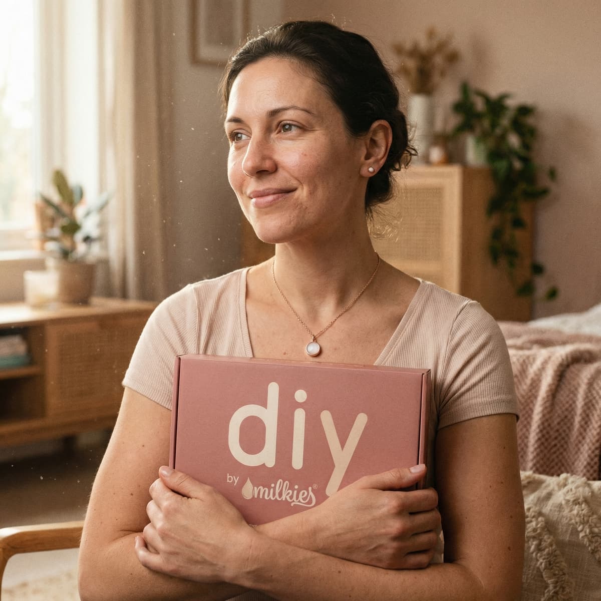 Mother holding a DIY by MILKIES at-home breastmilk keepsake kit box as a meaningful 1 year breastfeeding gift idea, highlighting why a private hands-on kit is a good choice for making breastmilk jewelry.