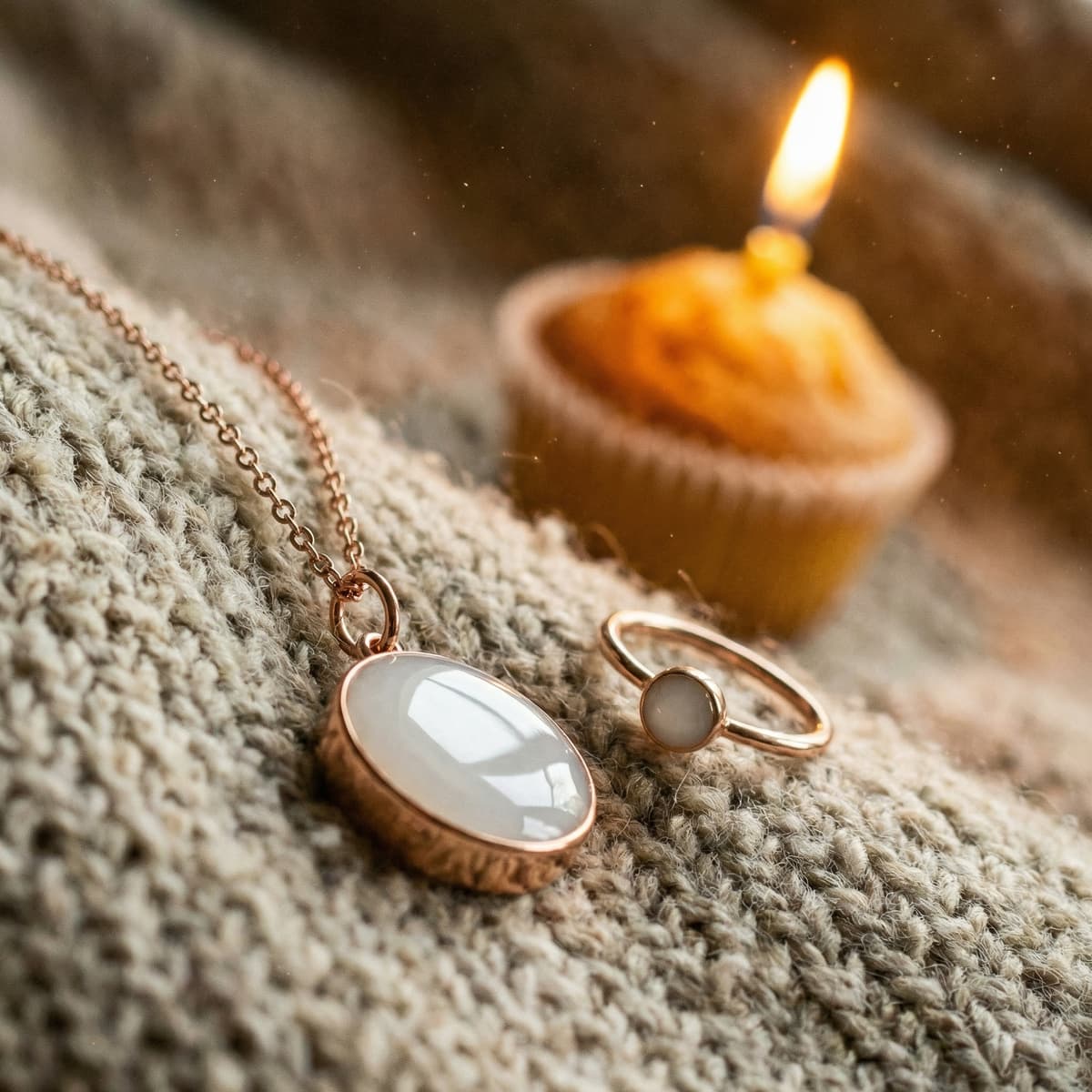 Rose gold pendant necklace and matching ring with milky white resin stones on a cozy knit blanket beside a softly glowing candle, a delicate 1 year breastfeeding keepsake jewelry set