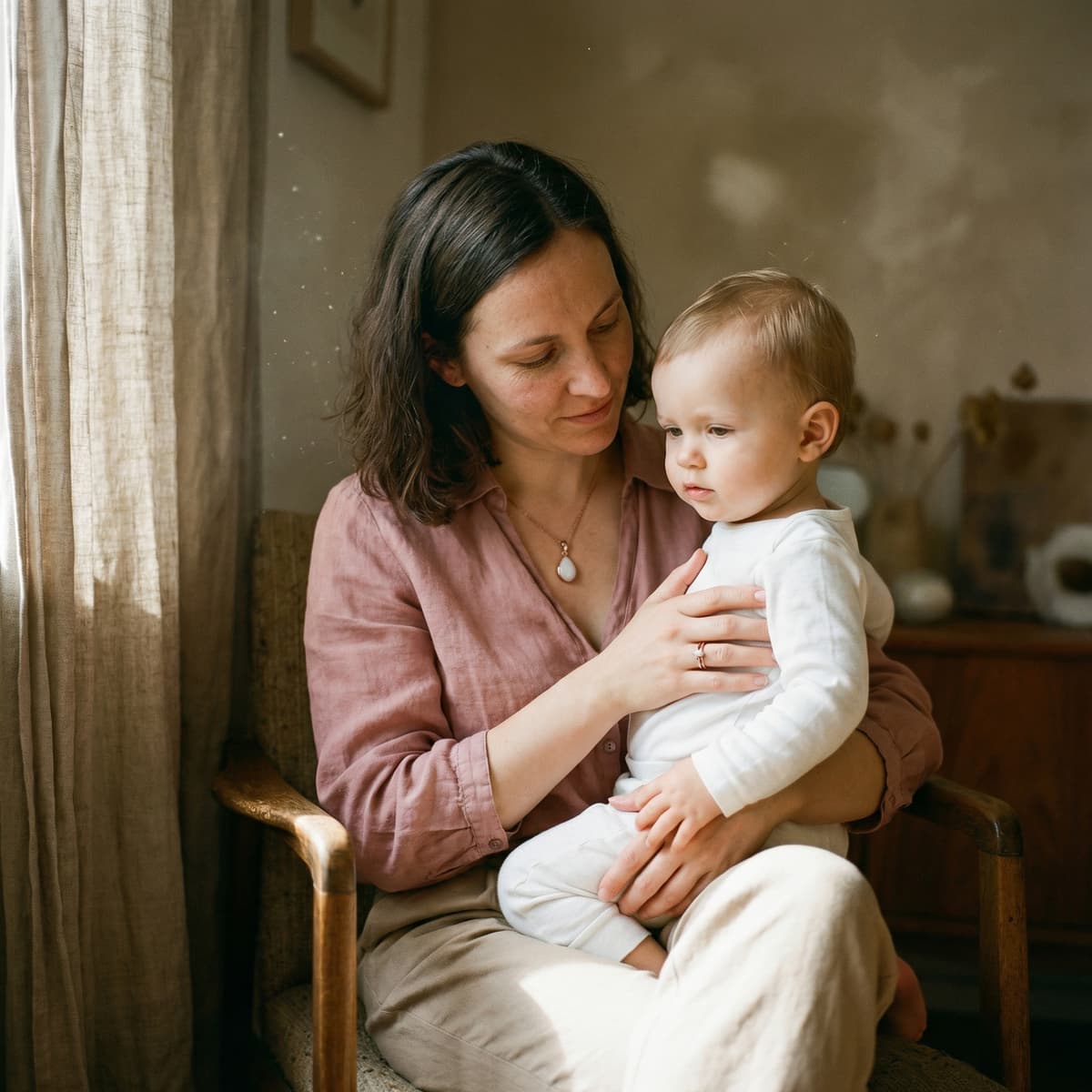 Mother cuddles her baby in soft window light while wearing a 1 year breastfeeding keepsake necklace, showing why an at-home DIY by MILKIES kit is a meaningful way to preserve the breastfeeding journey.