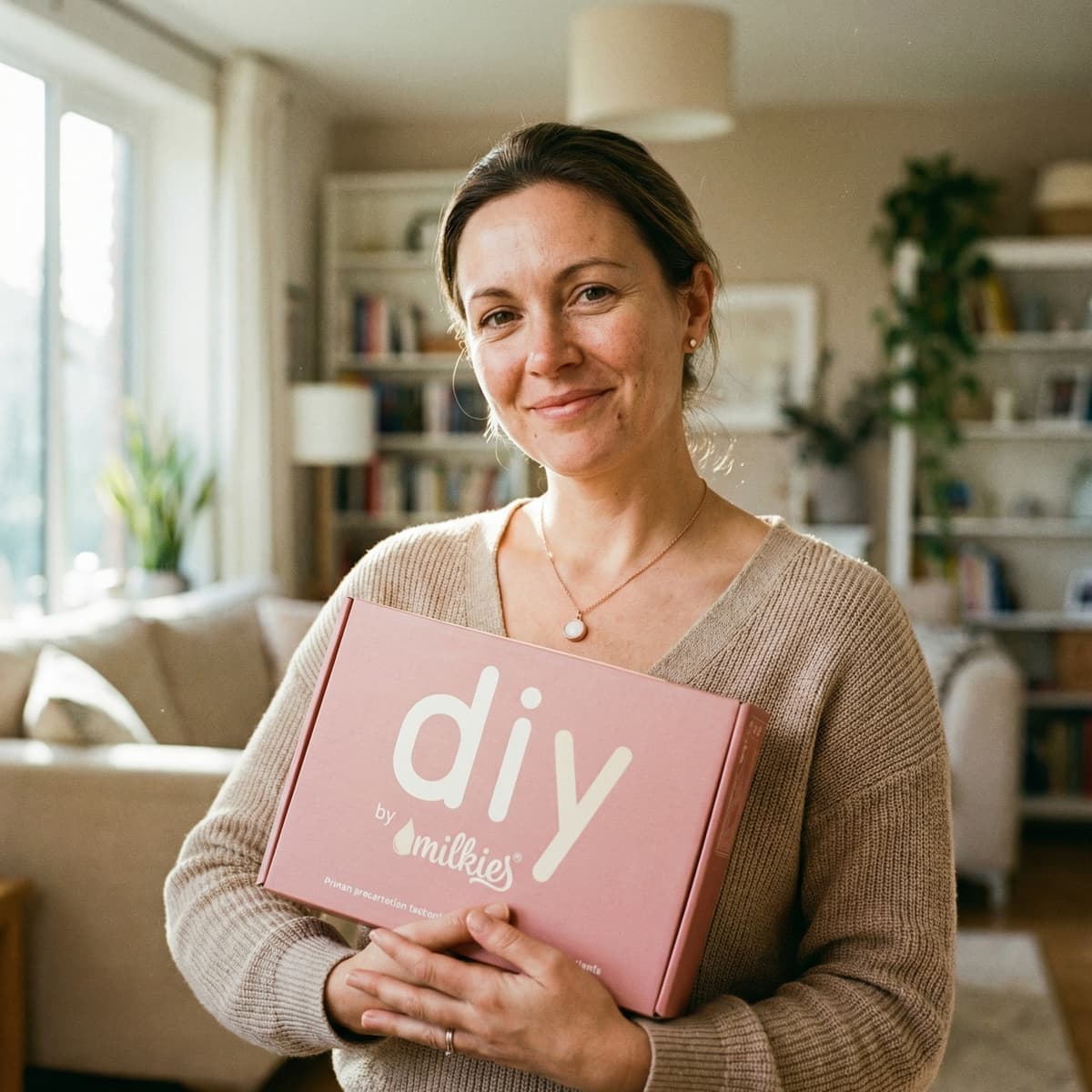 Mom in a cozy living room holding a DIY by MILKIES at-home breastmilk keepsake kit box, a meaningful way to celebrate a 6 months breastfeeding award and create a private DIY memory at home.