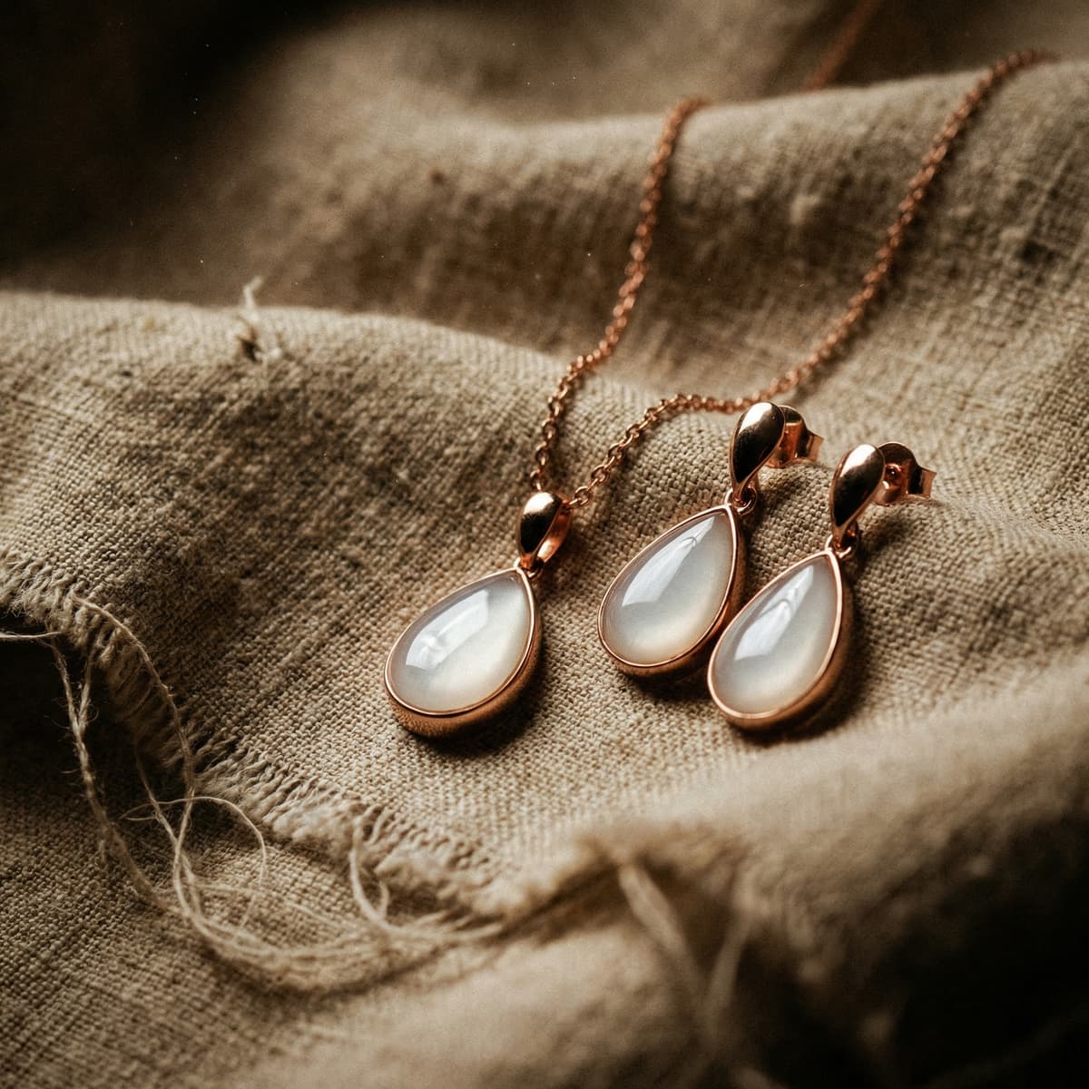 Rose gold teardrop necklace and matching stud earrings with milky white resin stones on textured linen, a baby keepsake for mom inspired by preserved breastmilk jewelry.