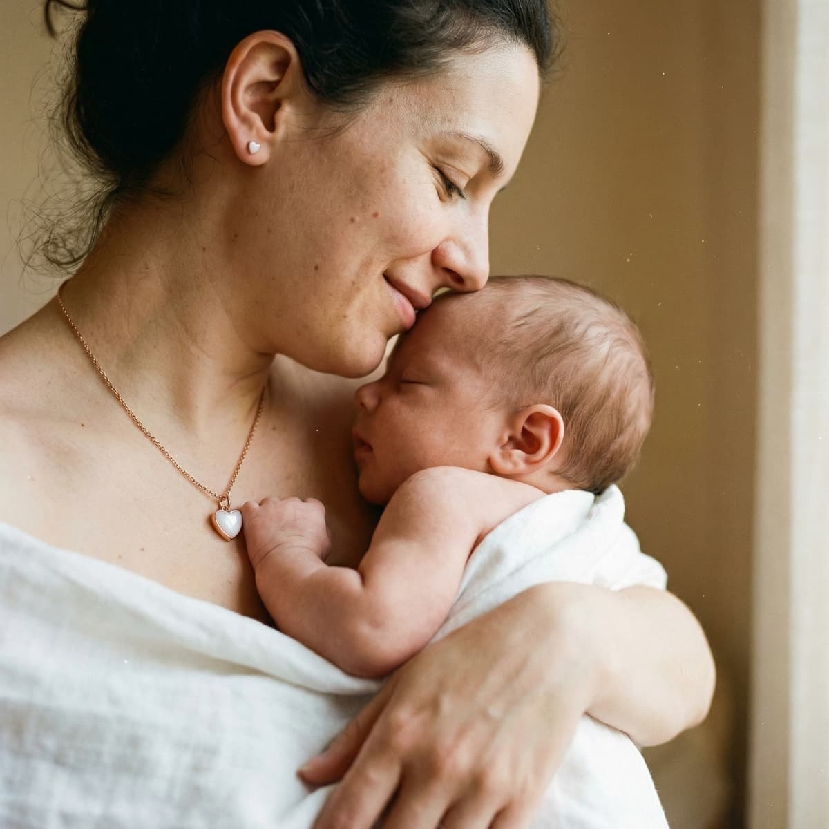 Warm close-up of a mother cuddling her sleeping newborn while wearing a heart pendant, showing a sentimental baby keepsake for mom and why an at-home DIY breastmilk jewelry kit is meaningful.