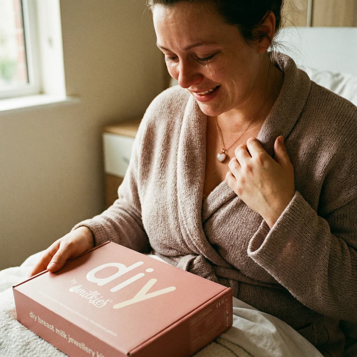 A cozy new mom in a robe holds the DIY by MILKIES breast milk jewelry kit box, showing why this meaningful at-home keepsake kit is one of the best push presents for creating a personal breastmilk jewelry memento.