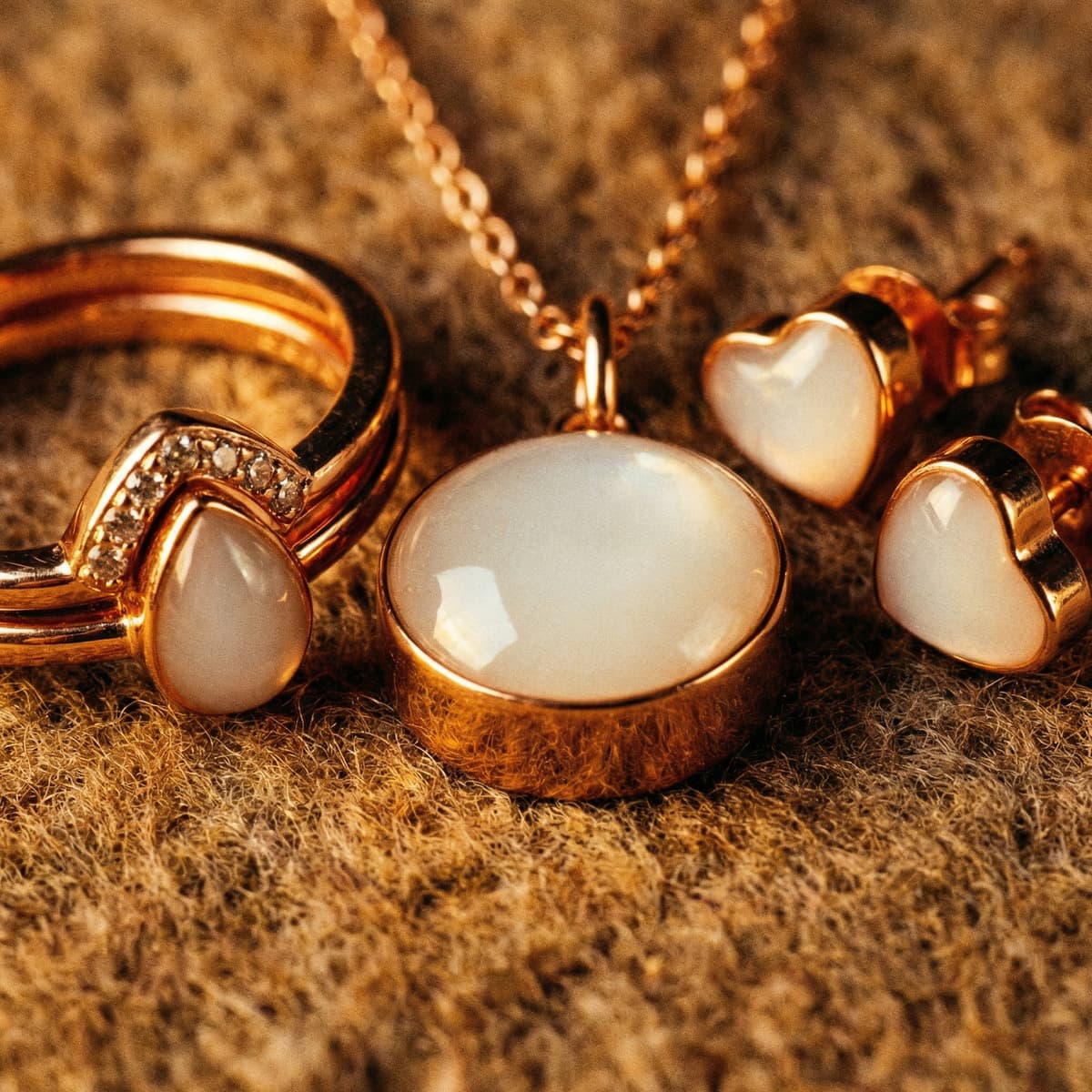 Gold breast milk jewellery set on soft textured fabric, featuring a milky-white resin pendant necklace with matching heart stud earrings and a coordinating ring