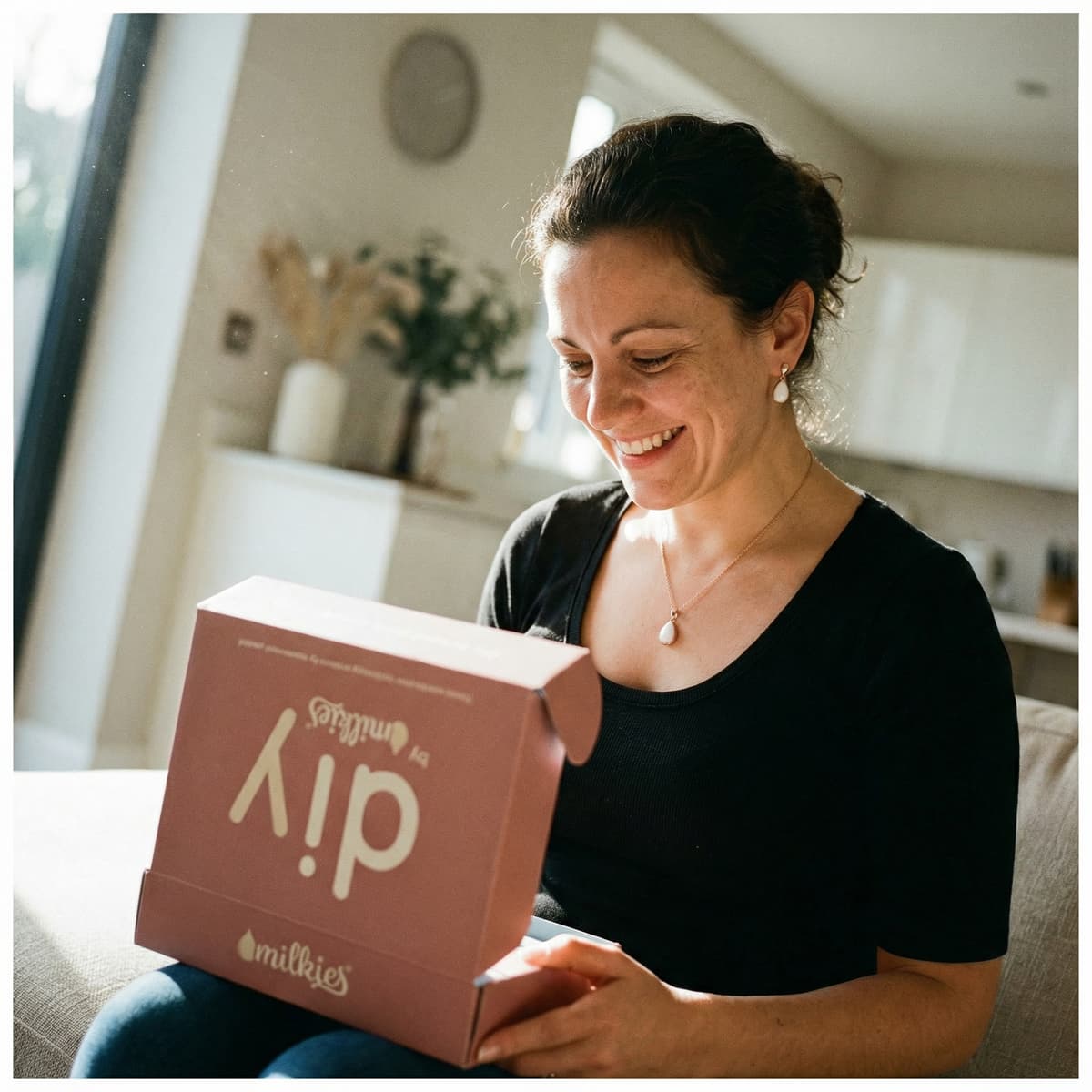 Mother smiling while opening a DIY by MILKIES at-home kit box to make breast milk jewellery in private, showing why the convenient home keepsake kit is a smart choice.
