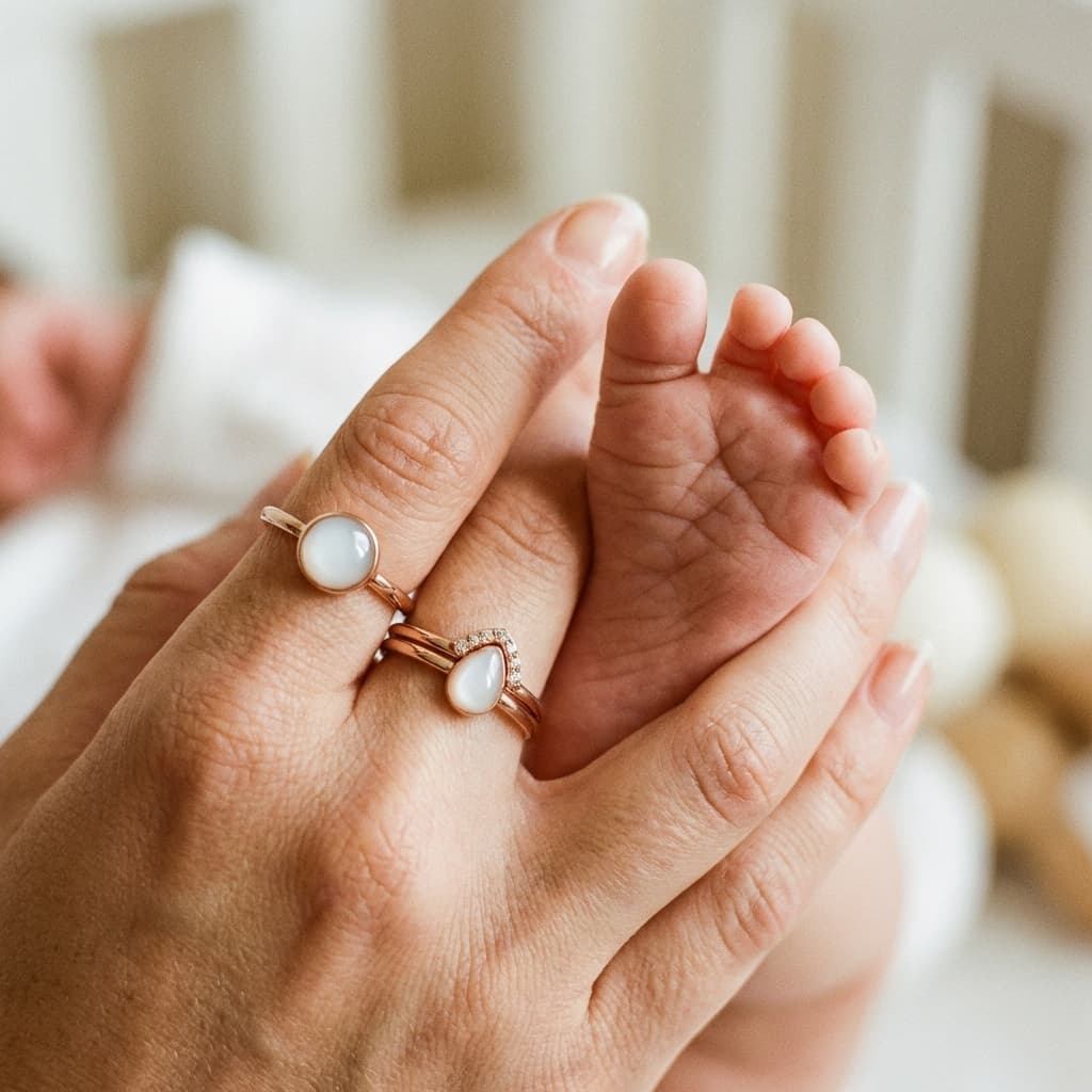 Mother gently holding a baby’s foot while wearing rose-gold rings featuring breast milk jewellery with milky white resin stones