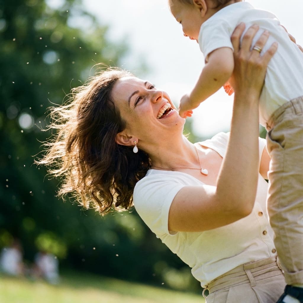 Smiling mother lifting her baby outdoors in warm sunlight, wearing elegant breast milk jewellery earrings and a matching pendant necklace