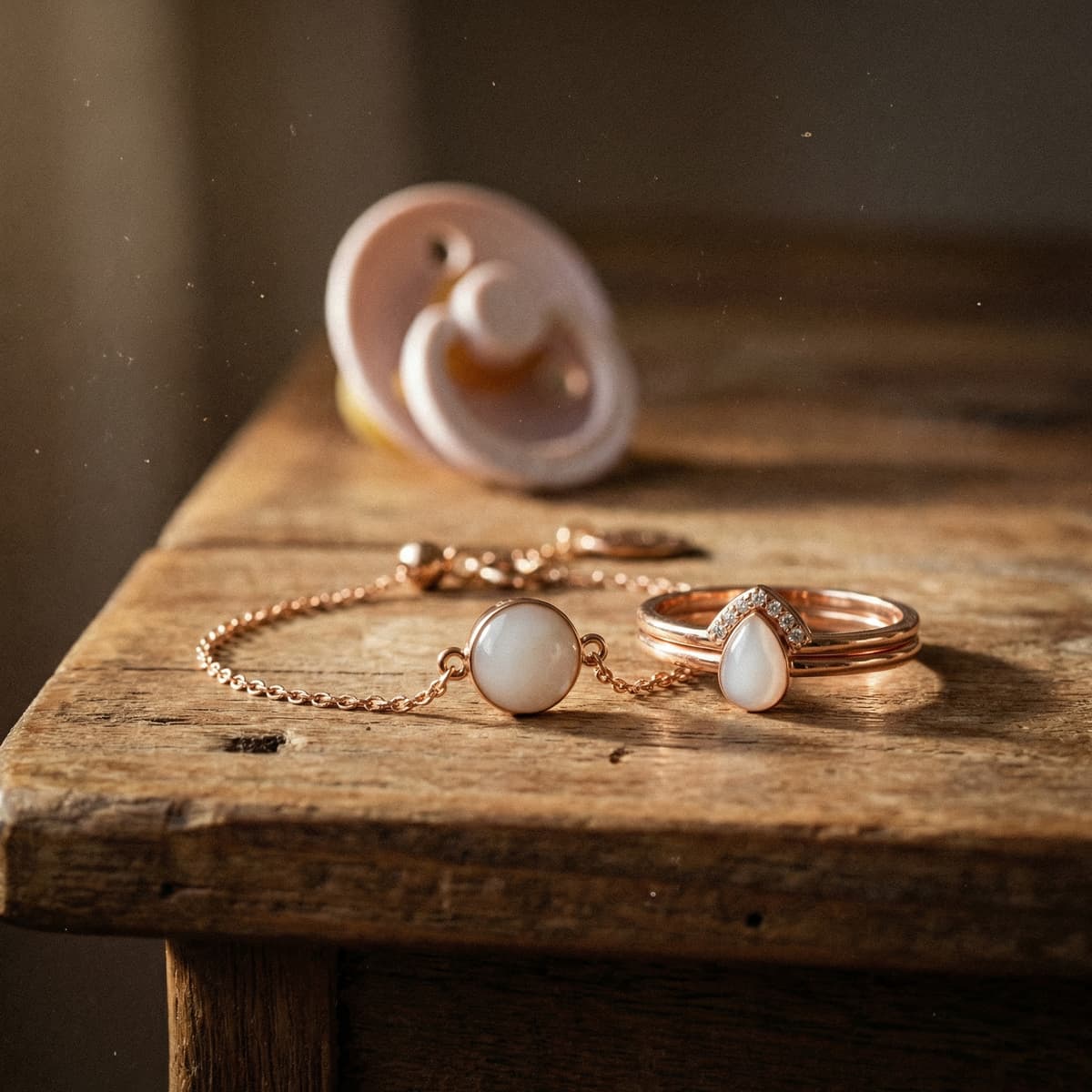 Rose-gold DIY keepsakes from a breast milk jewellery kit, showing a milky white stone bracelet and teardrop ring with small crystals on a rustic wooden table, with a baby pacifier blurred in the background.