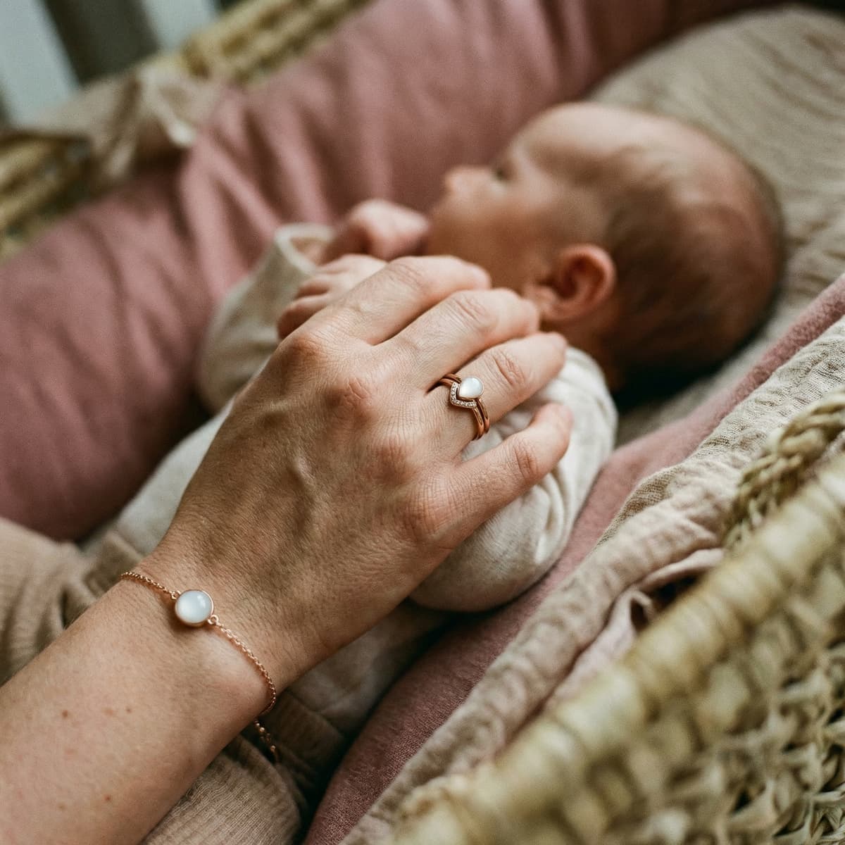 Mother cradling a newborn beside a woven bassinet, wearing a white resin ring and bracelet made with a breast milk jewellery kit.