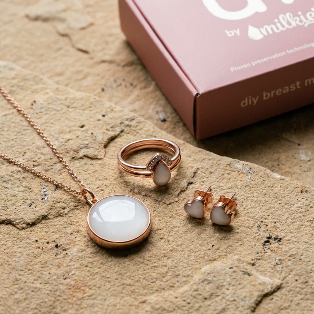 Rose-gold keepsake set from DIY by MILKIES featuring a pendant necklace, teardrop ring and heart stud earrings with milky resin stones, shown beside a breast milk jewellery kit box.