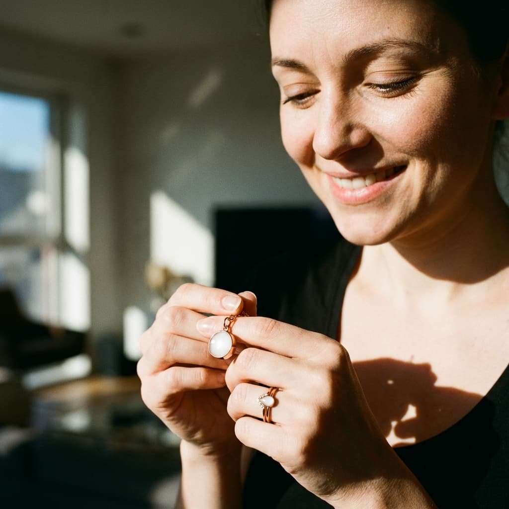 Smiling mother in warm sunlight holding a pendant with a milky white stone, showing why a breast milk jewellery kit is a meaningful at-home way to create a personal keepsake.