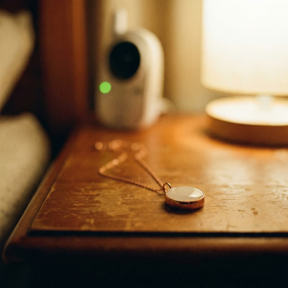 Warm bedside photo of a gold pendant necklace with a milky white stone, a subtle breastfeeding celebration keepsake resting on a wooden nightstand beside a softly glowing lamp.