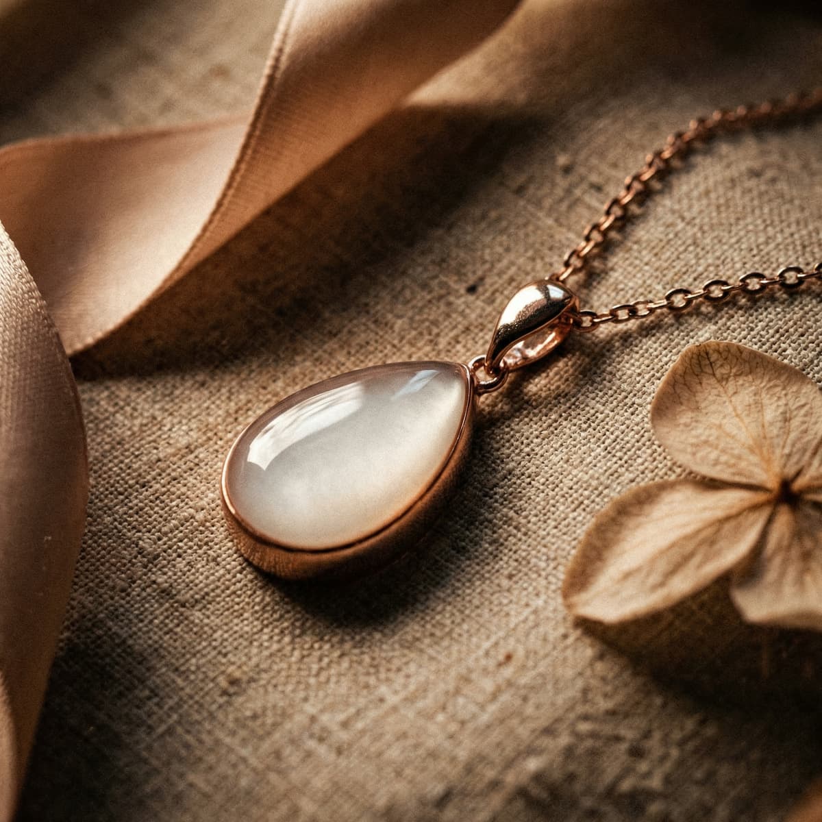 Close-up of rose gold teardrop pendant necklace featuring a milky white resin stone on textured linen beside a dried flower, capturing an elegant breastfeeding celebration keepsake jewelry detail.