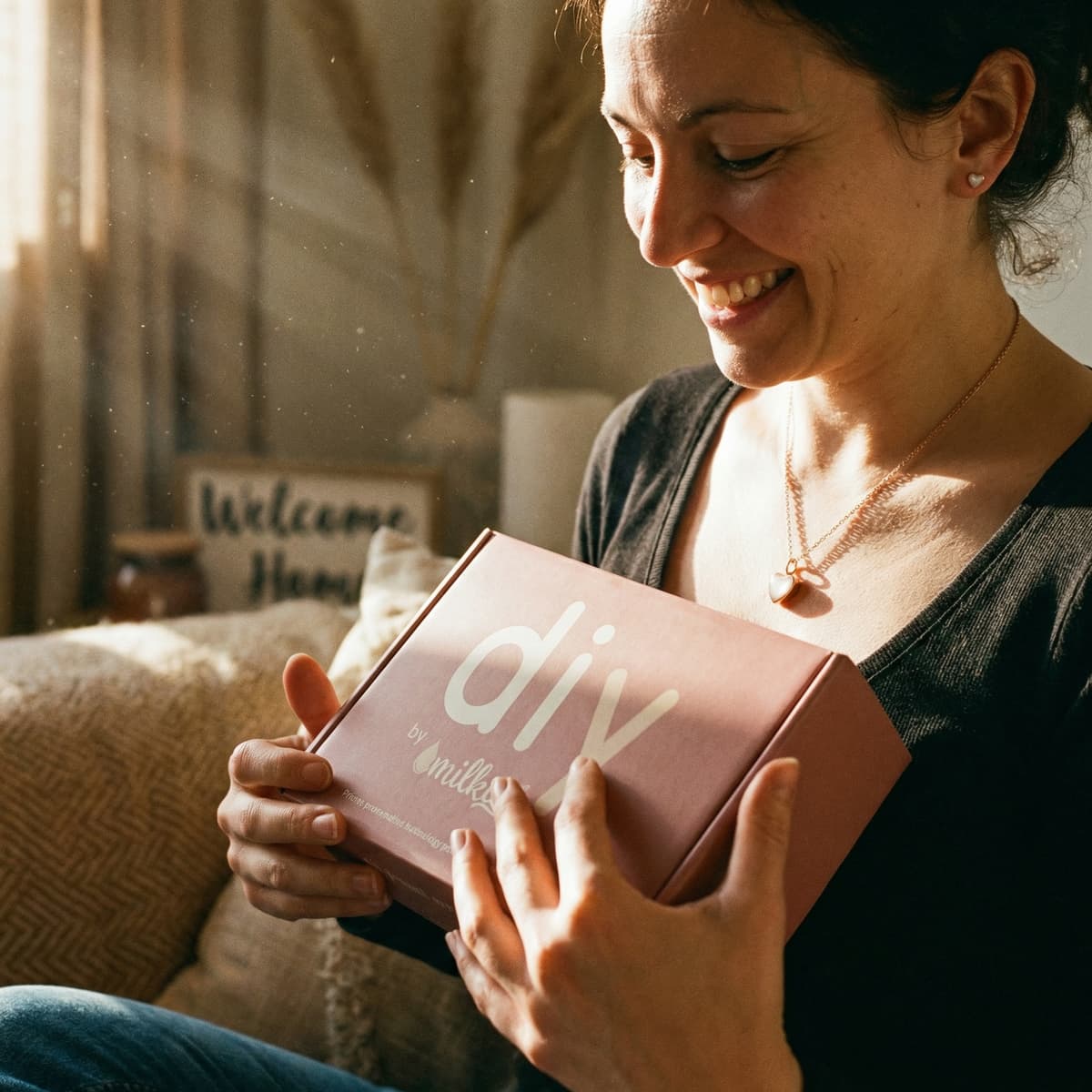 Smiling mom at home holding a DIY by MILKIES breastmilk keepsake kit box, showing an easy, private way to create a breastfeeding celebration memory with an at-home kit.