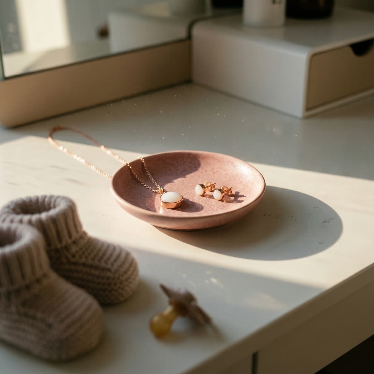 Delicate gold jewelry set featuring a creamy white resin stone breastfeeding keepsake on a pink dish beside baby booties and a pacifier in soft sunlight.