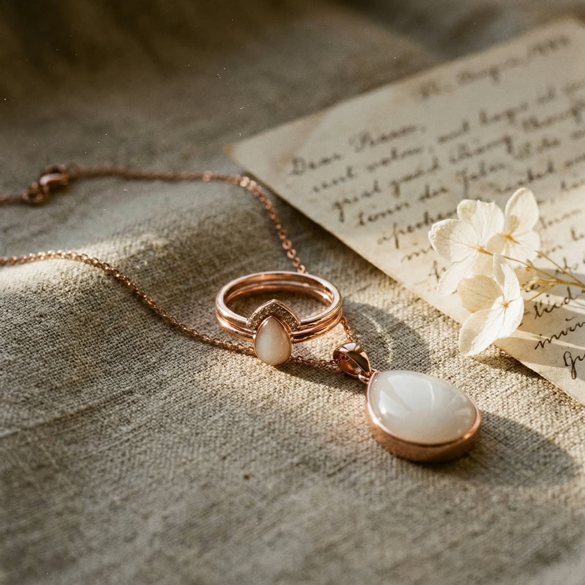 Rose gold necklace and ring with milky white resin stones displayed on textured fabric beside a handwritten letter and white flowers, a delicate breastfeeding keepsake jewelry set.