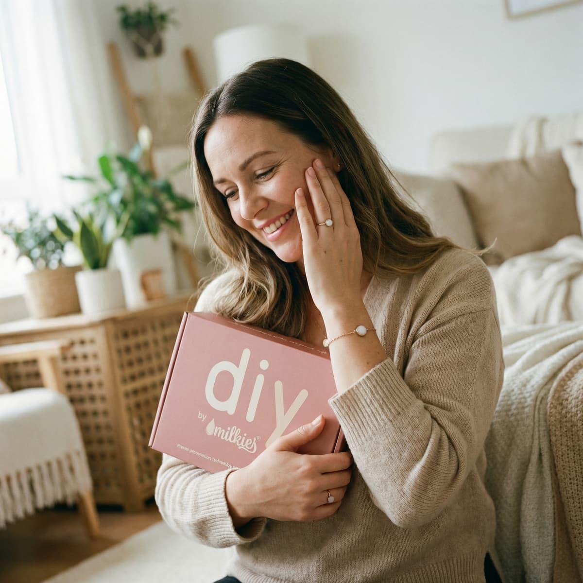 A smiling mother cuddles a DIY by MILKIES at-home kit box, showing why this private, easy option is ideal for creating a breastfeeding keepsake jewelry piece at home.