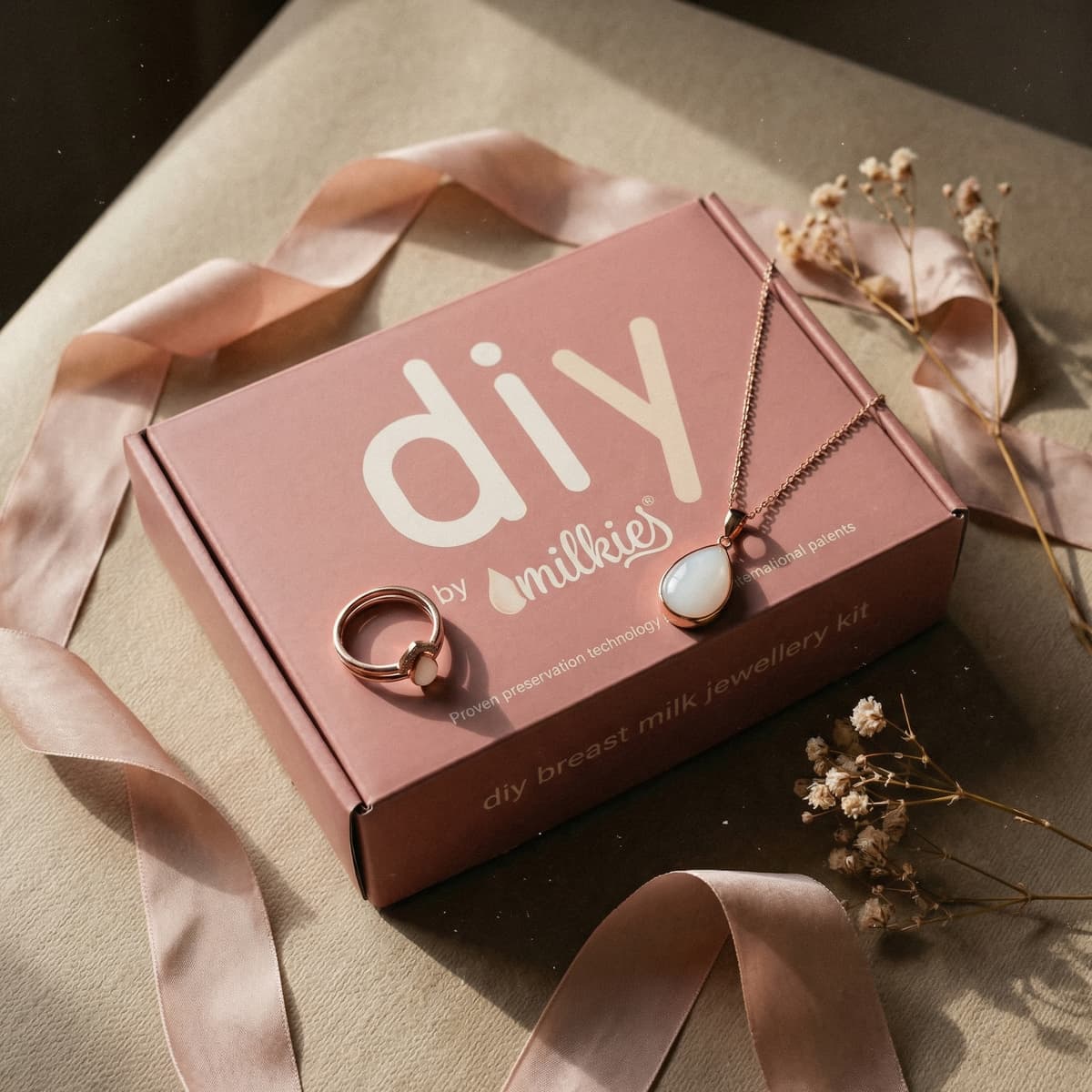Pink gift box with DIY by Milkies breast milk jewelry kit featuring a gold pendant necklace and matching ring—an elegant breastfeeding new mother gift styled with ribbon and dried flowers.