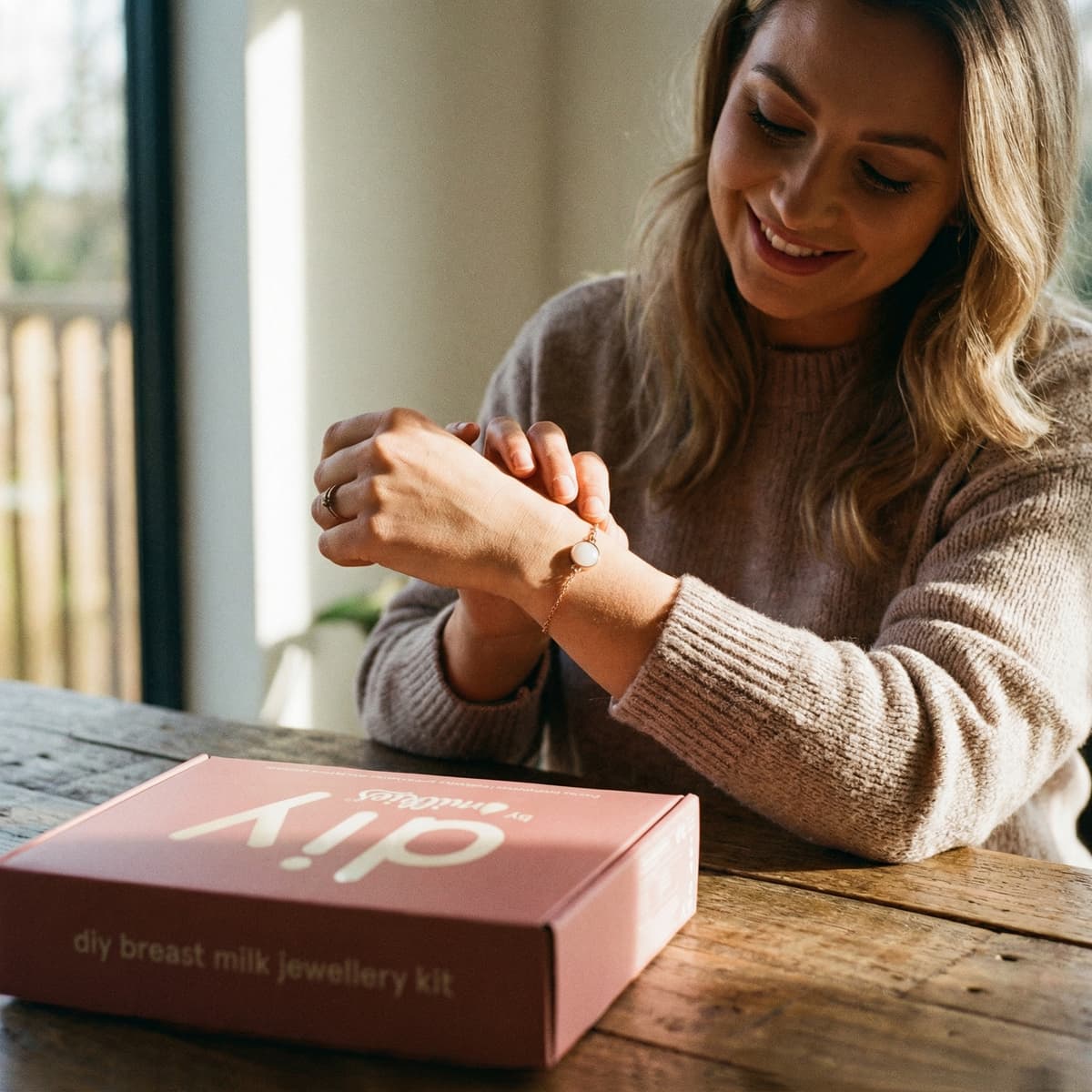 Mom fastening a delicate breastmilk bracelet beside the DIY by MILKIES breast milk jewellery kit box, showing an easy at-home way to create a meaningful keepsake