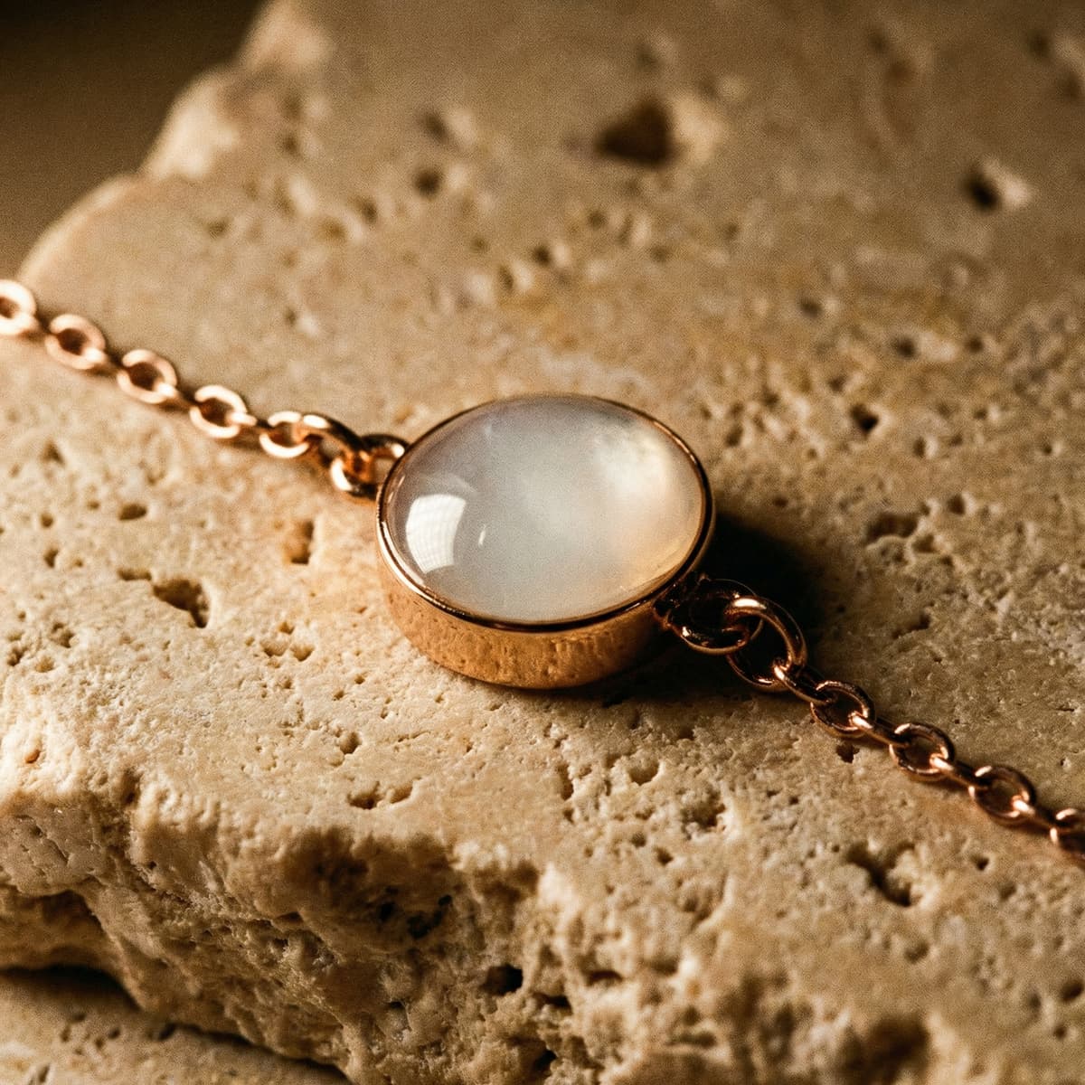 Rose gold chain bracelet with a milky white resin cabochon centerpiece made using a breastmilk bracelet diy kit, displayed on a textured stone background
