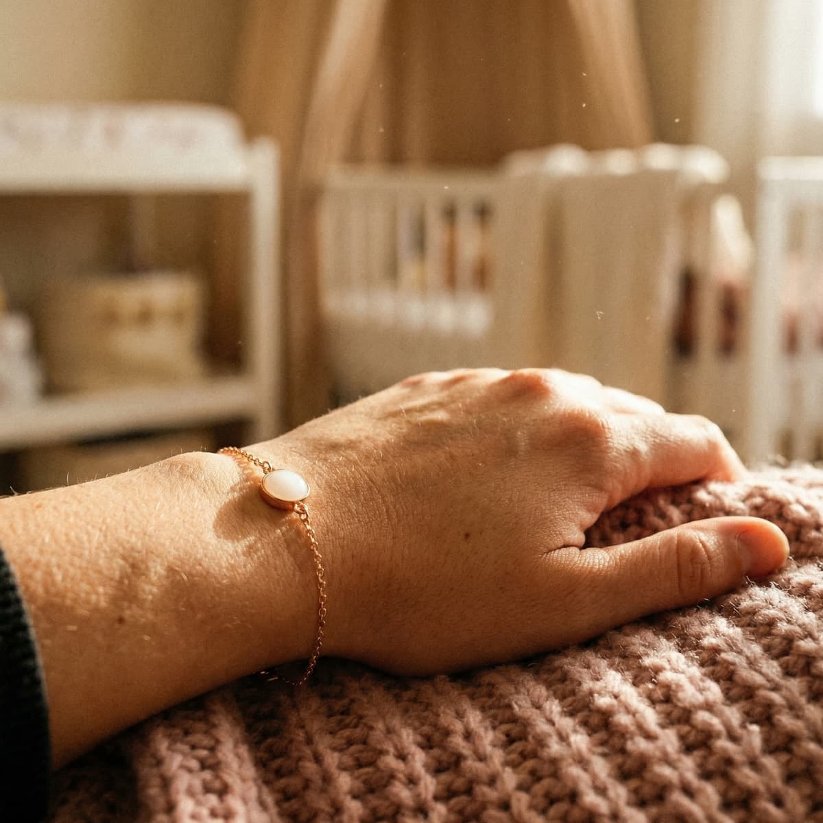 Rose-gold chain bracelet with a milky white resin stone, shown on a hand resting on a soft knit blanket in a warm nursery setting, representing breastmilk bracelets keepsake jewelry.