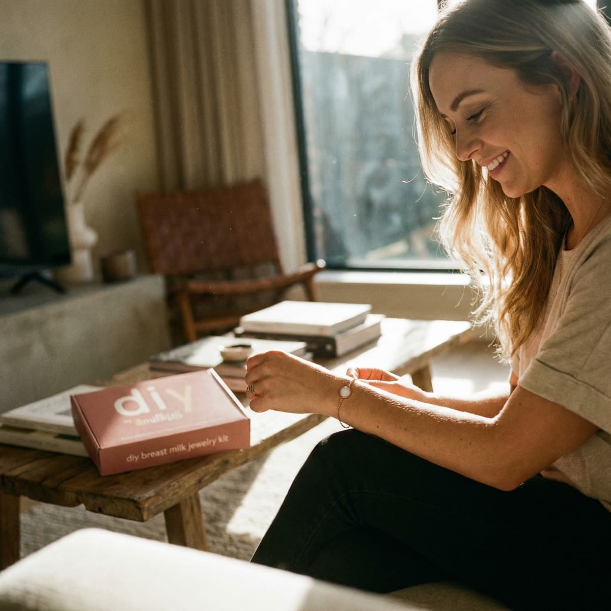 Mother crafting breastmilk bracelets at home using the DIY by MILKIES breast milk jewelry kit, showing the easy, private DIY keepsake option and why it’s a smart choice.