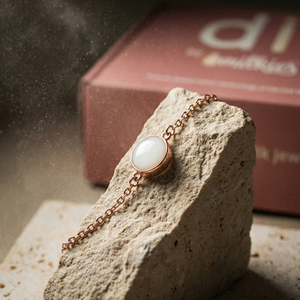 Rose gold bracelet with an oval milky white resin charm displayed on a stone next to a DIY by MILKIES box, highlighting a breastmilk bracelets diy kit keepsake concept.
