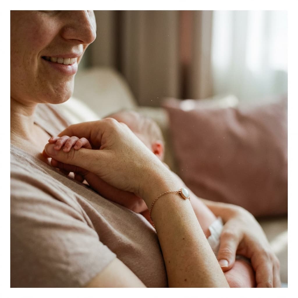 A mother cuddles her newborn while wearing a delicate keepsake bracelet, illustrating why a breastmilk bracelets diy kit is a meaningful at-home way to preserve the breastfeeding bond.