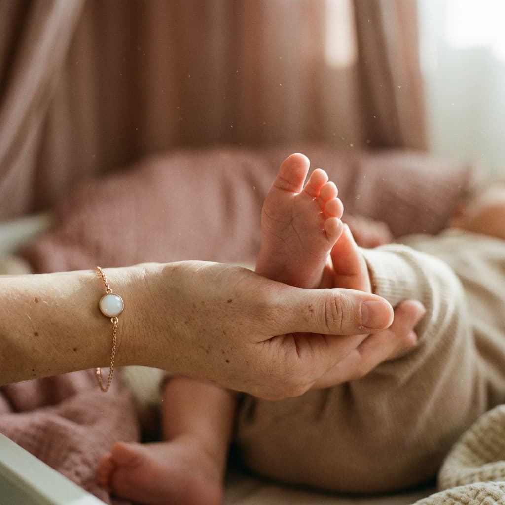 A mother cradles her baby’s tiny feet in a cozy setting while wearing a delicate keepsake bracelet made with a breastmilk bracelets kit.