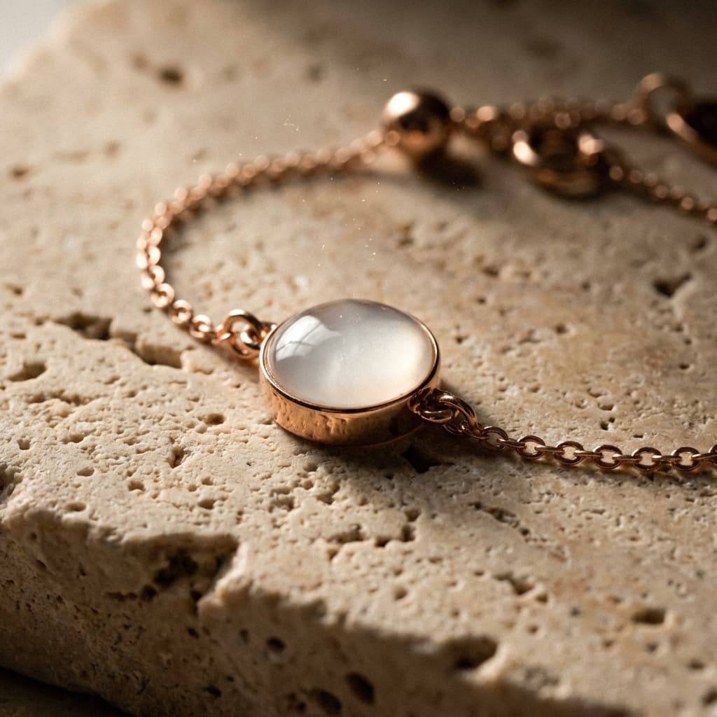 Rose gold chain bracelet with a round milky-white resin cabochon charm on a textured stone surface, showcasing a breastmilk bracelets kit keepsake piece.