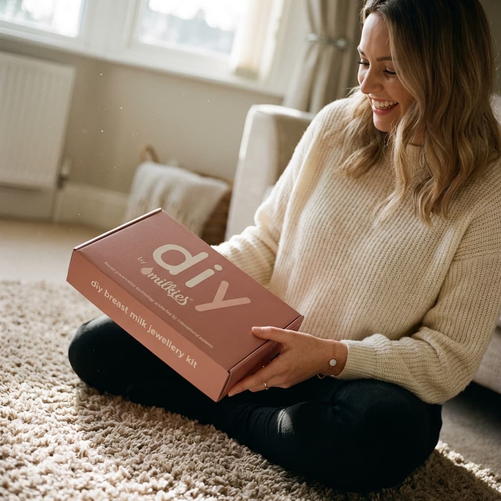 Mom at home holding a DIY by MILKIES box, highlighting why a breastmilk bracelets kit is a convenient, private way to make a meaningful breastmilk keepsake.