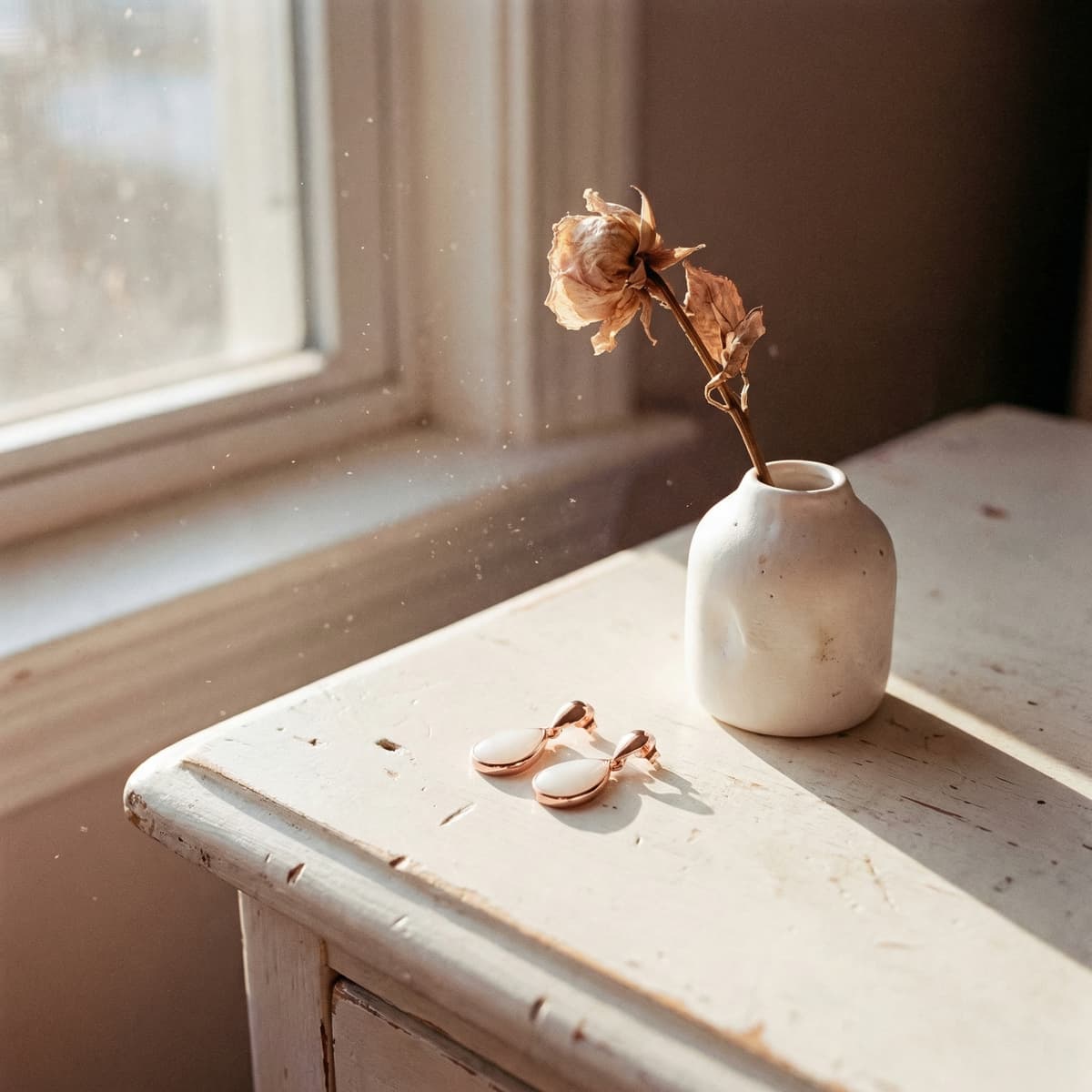 Rose-gold drop earrings featuring creamy white resin breastmilk earring keepsakes, styled on a vintage white wooden table beside a ceramic vase and dried flowers in soft window light.