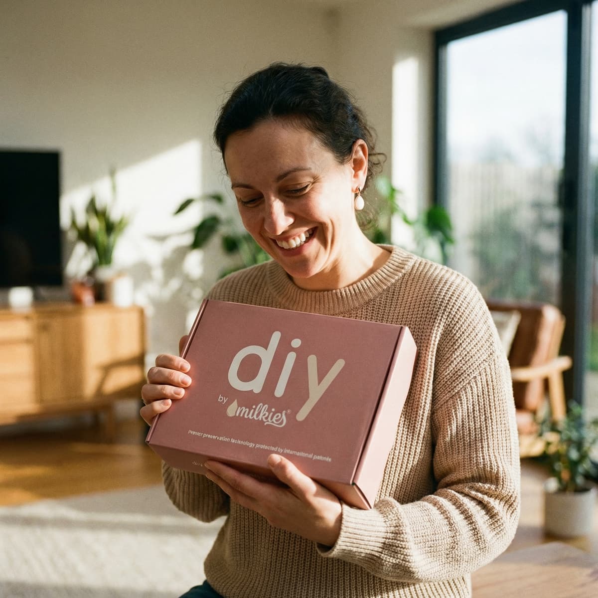 Smiling mom holding DIY by MILKIES at-home kit box, a private and easy way to create a breastmilk earring keepsake using patented breastmilk preservation technology.