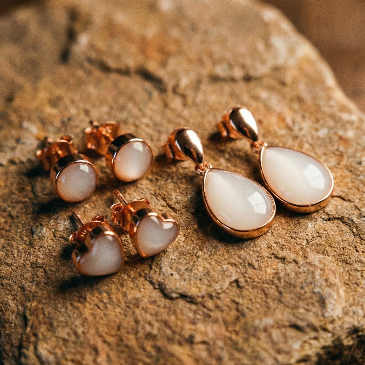 Rose gold breastmilk keepsake earrings on a textured stone surface, featuring white resin studs, heart studs, and teardrop dangle drops made using a breastmilk earring diy kit.