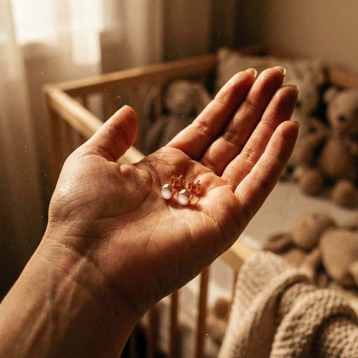 Hand holding gold stud earrings with milky-white resin stones made using a breastmilk earring diy kit, shown in warm nursery light near a baby crib.