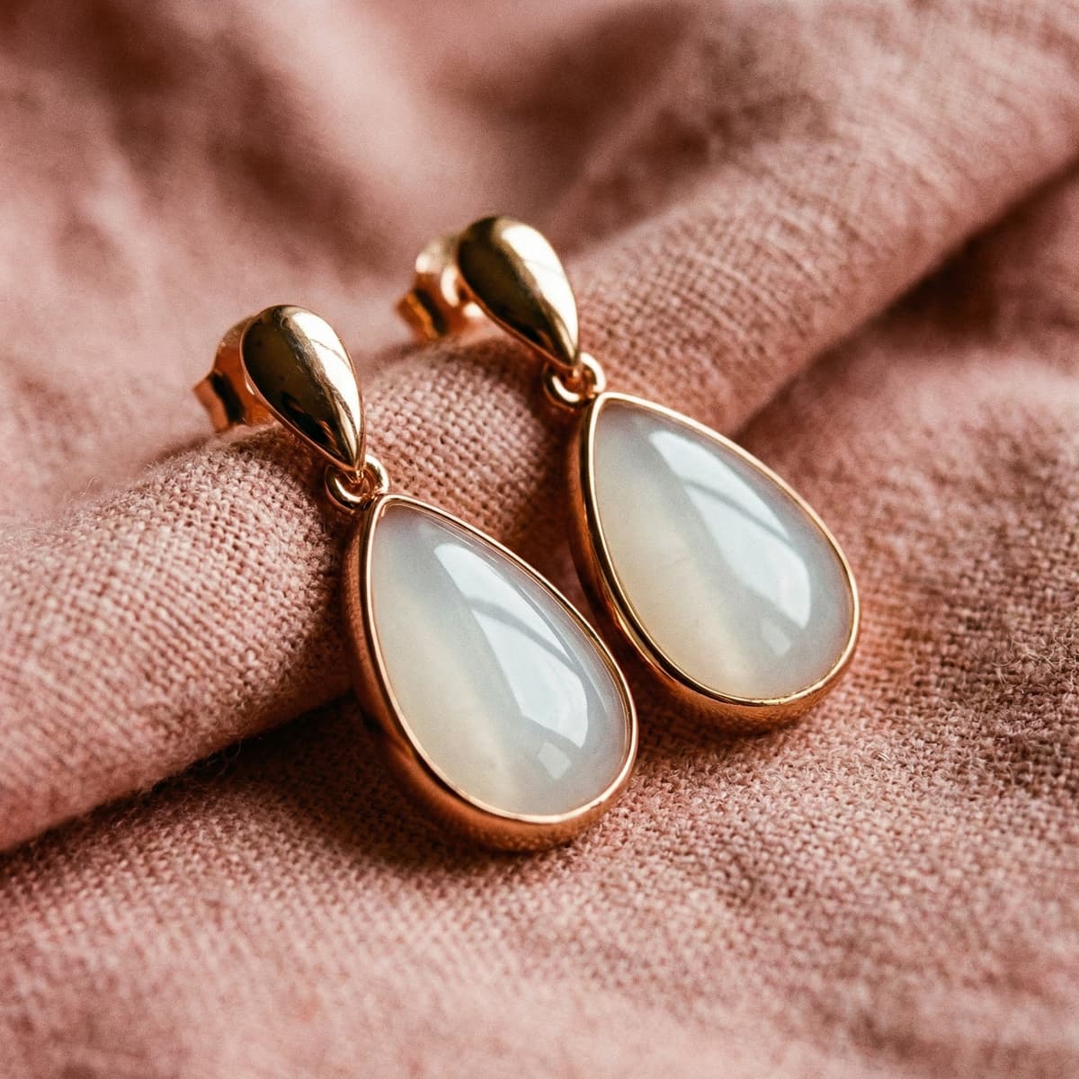Rose gold teardrop earrings with milky white resin stones made using a breastmilk earring kit, displayed on soft pink fabric.