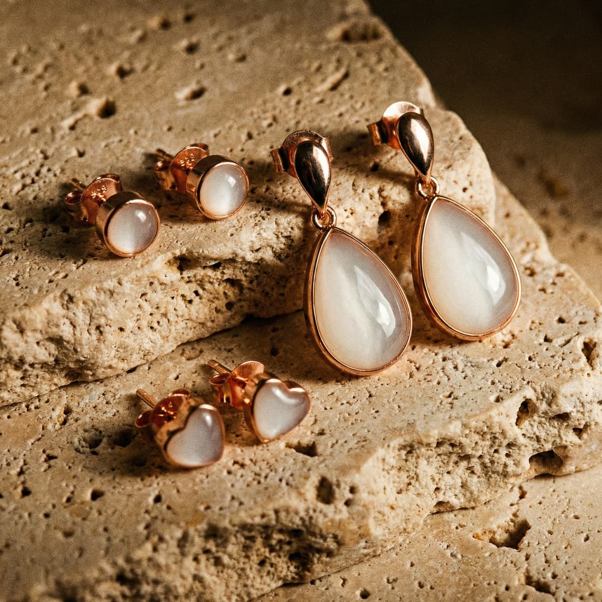 Rose gold keepsake earrings with milky white resin studs and teardrop dangles displayed on a textured stone surface, showcasing results from a breastmilk earring kit