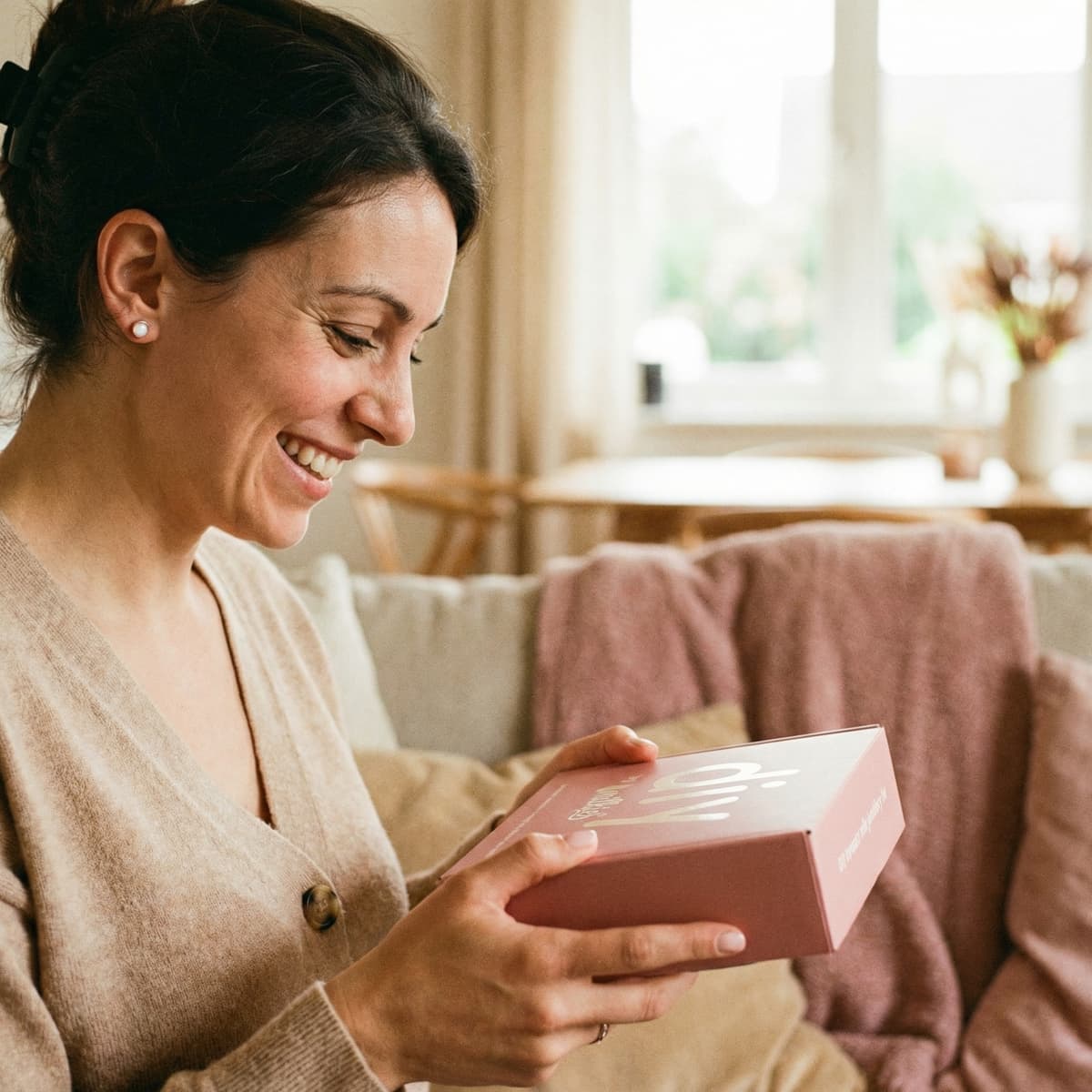 Smiling mom unboxing a DIY breastmilk earring kit in a cozy living room, showing why choosing an at-home keepsake kit is a meaningful, private option.