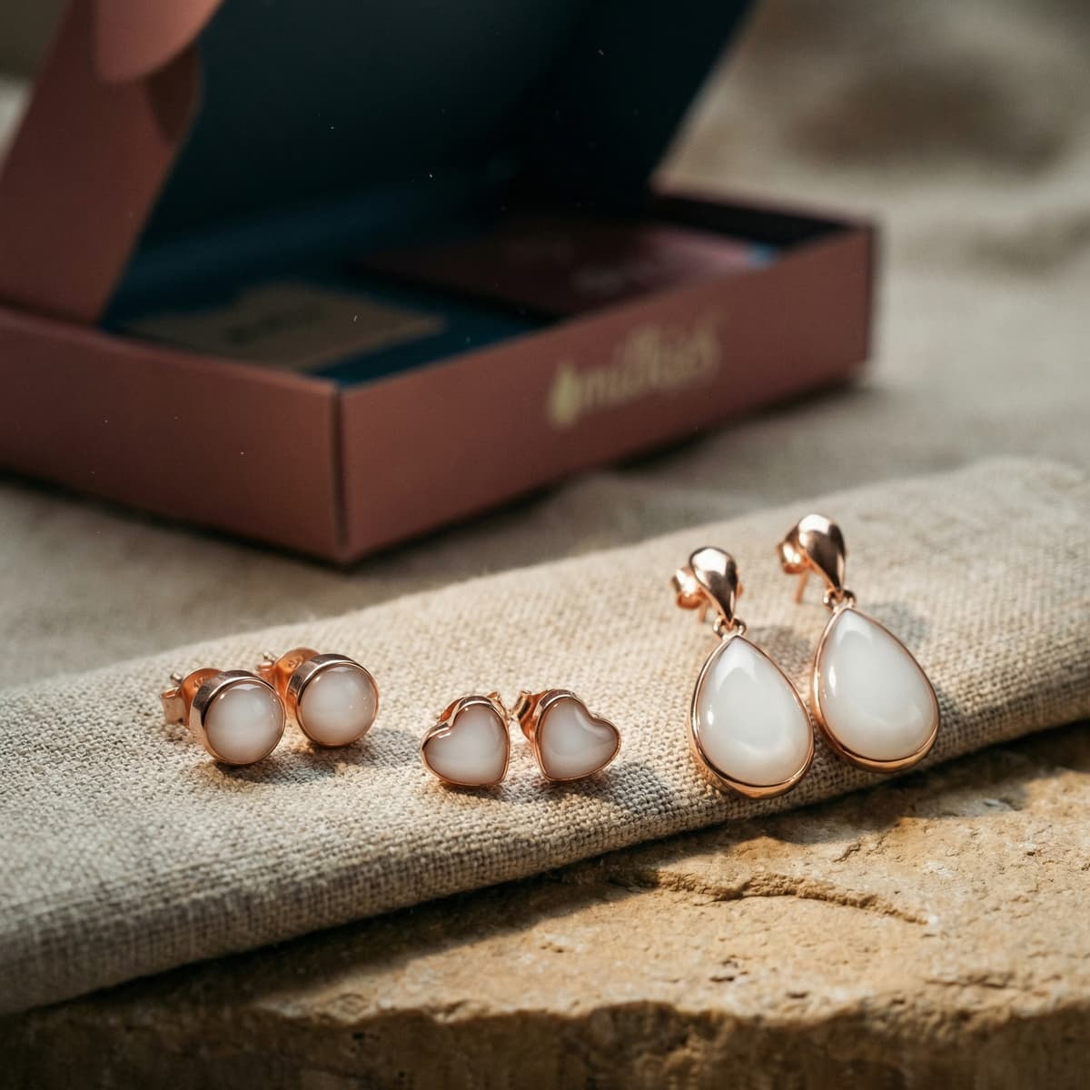 Rose-gold keepsake earrings displayed on textured fabric beside a branded box, showing a breastmilk earring making kit with heart, round stud, and teardrop designs filled with milky white resin.