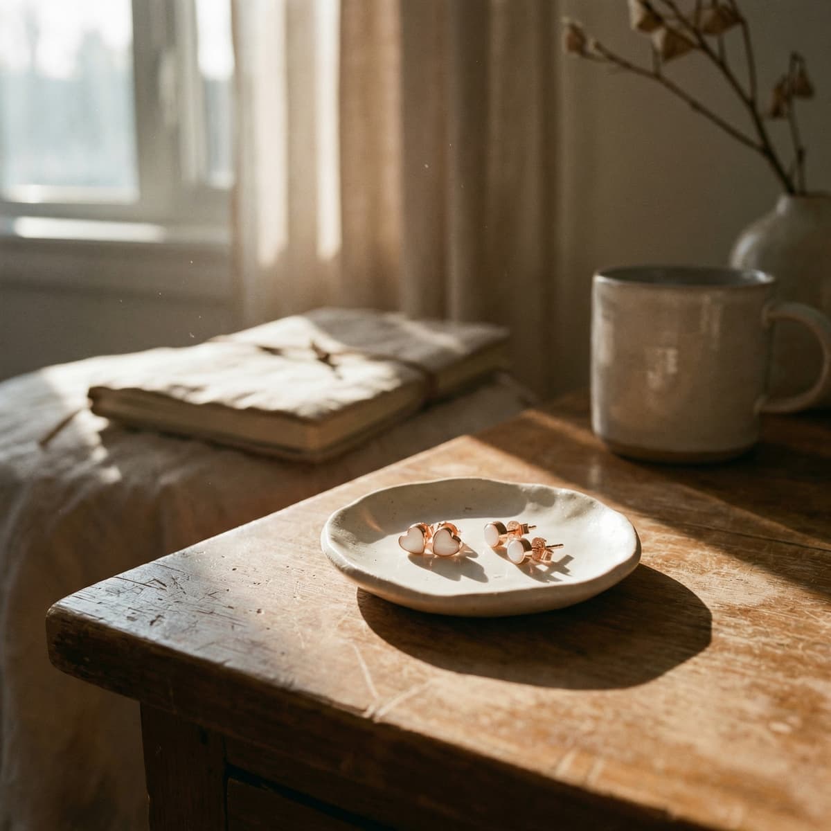 Rose gold heart-shaped breastmilk earrings displayed on a small ceramic dish on a sunlit wooden table beside a mug and dried flowers.