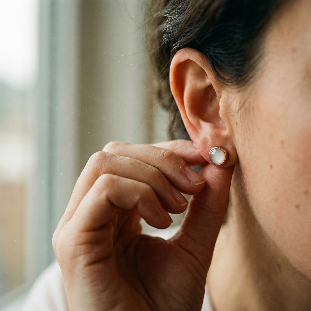 Woman adjusts small round stud earring made with a breastmilk earrings diy kit, featuring milky white resin in a gold setting close-up.