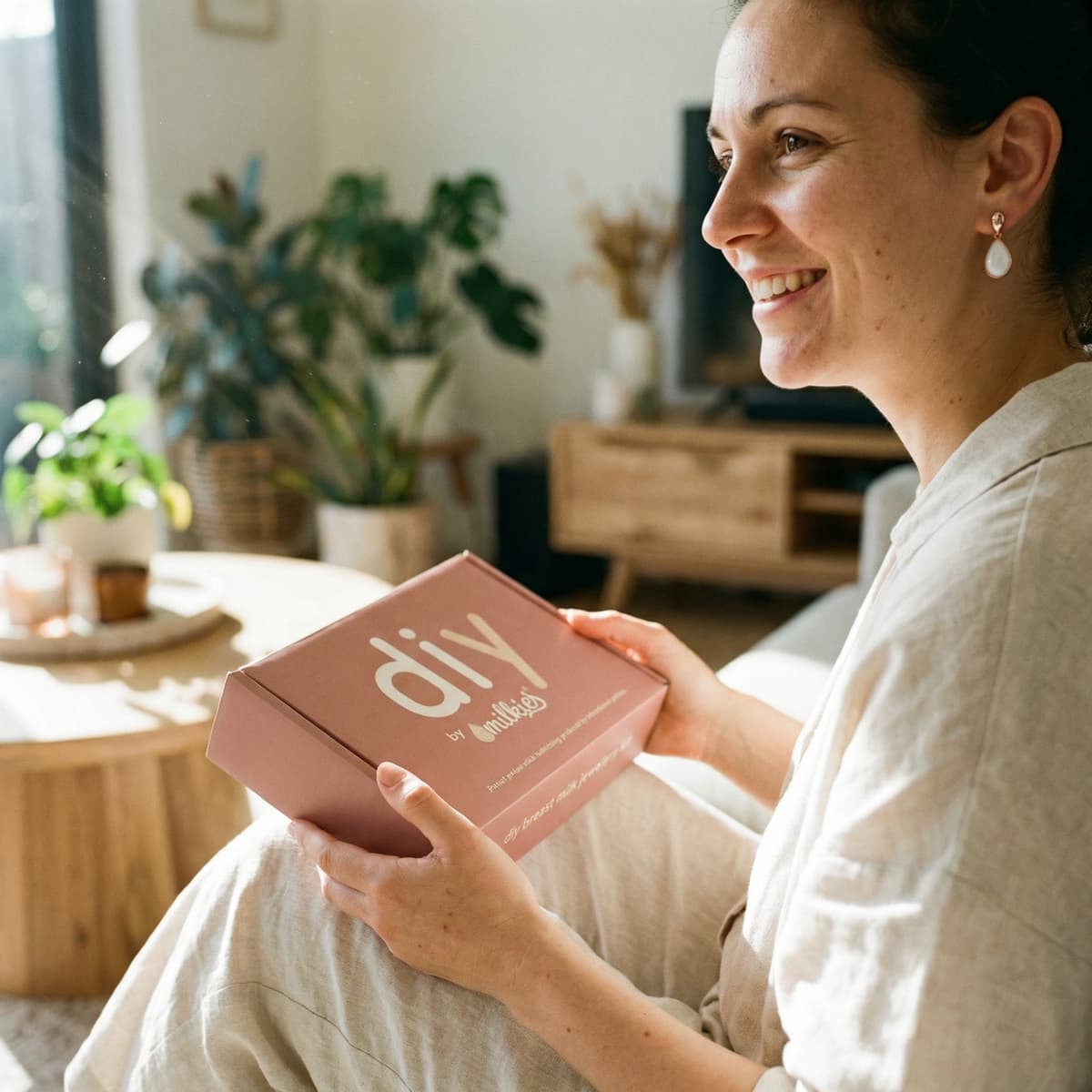 Smiling mom at home holding a DIY by MILKIES box and wearing a keepsake earring, showing why a breastmilk earrings diy kit is a convenient, private way to create meaningful jewelry yourself.