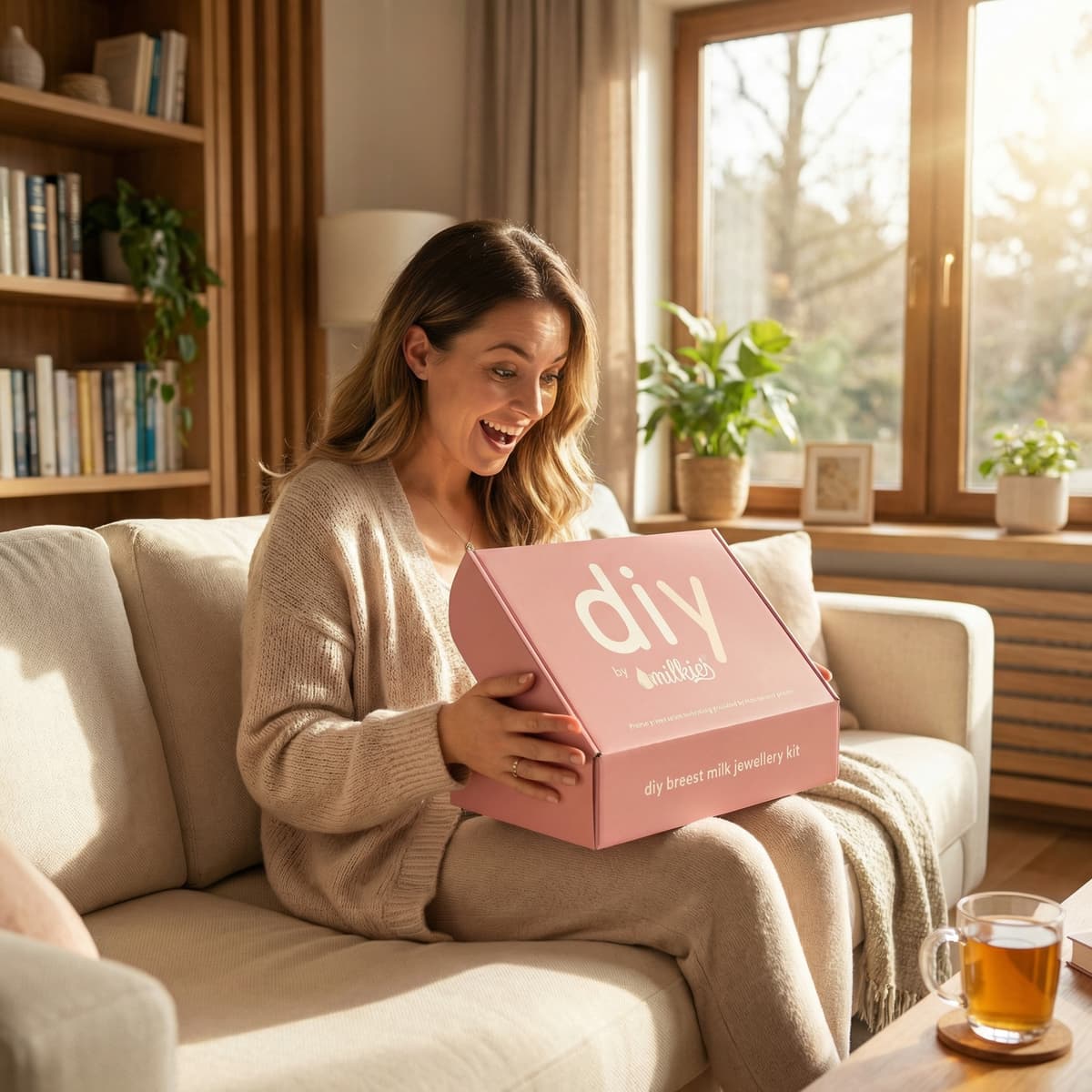 Smiling woman unboxing a DIY by MILKIES breastmilk earrings kit in a cozy living room, highlighting the convenient at-home way to create a meaningful keepsake jewelry memento.