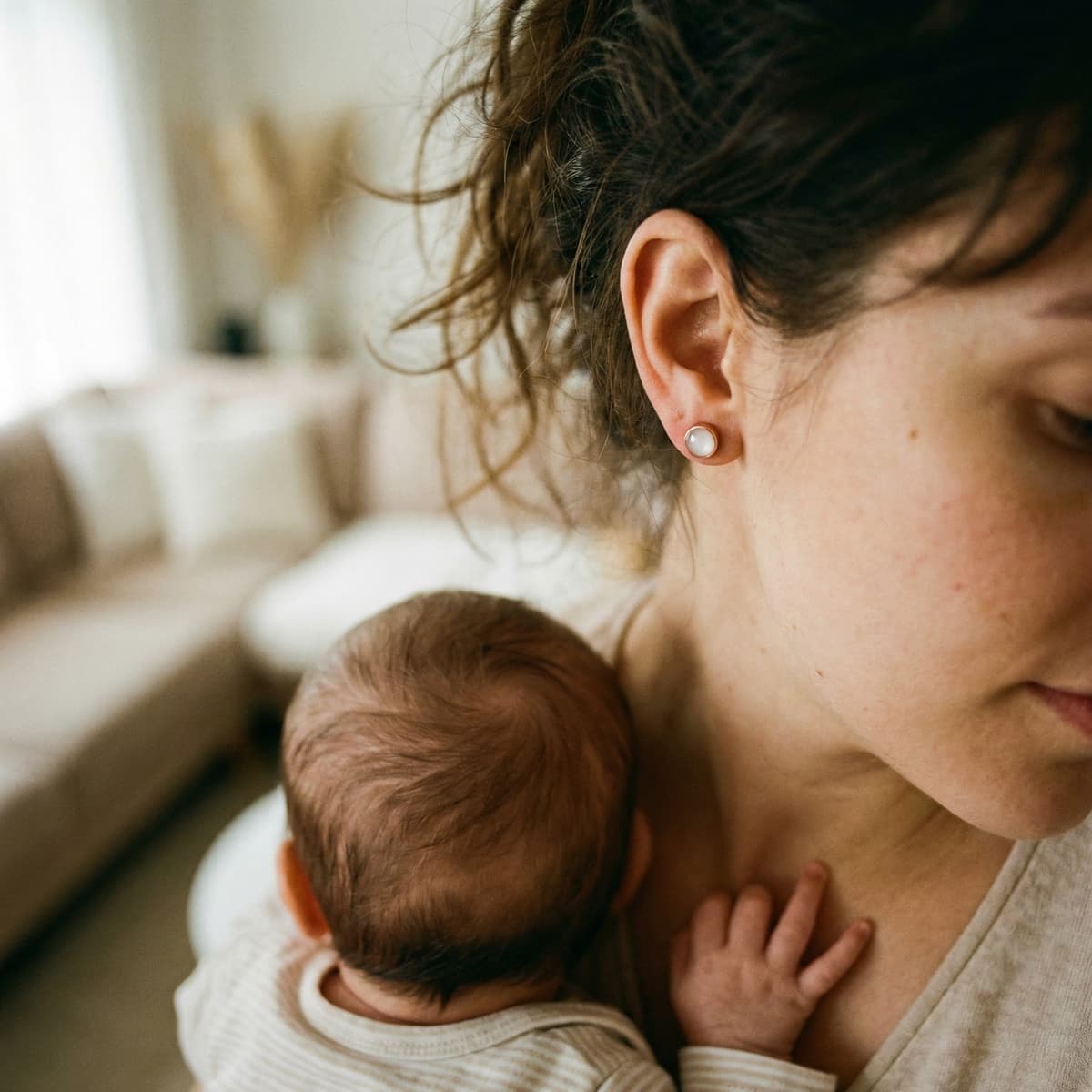 Mother at home holding her newborn while wearing pearl stud keepsakes made with a breastmilk earrings kit, highlighting a sentimental DIY breastmilk jewelry accessory.