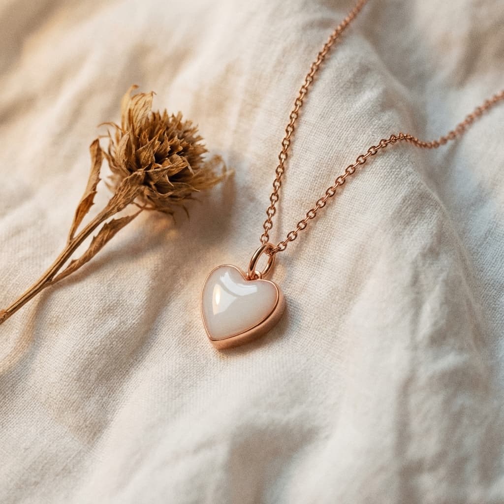 Rose gold heart pendant necklace featuring creamy white resin breastmilk jewellery displayed on soft beige fabric beside a dried flower