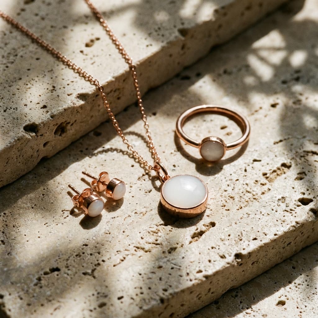 Rose gold breastmilk jewellery set with milky white resin stones, featuring a necklace pendant, ring, and stud earrings arranged on a textured stone surface in soft sunlight.