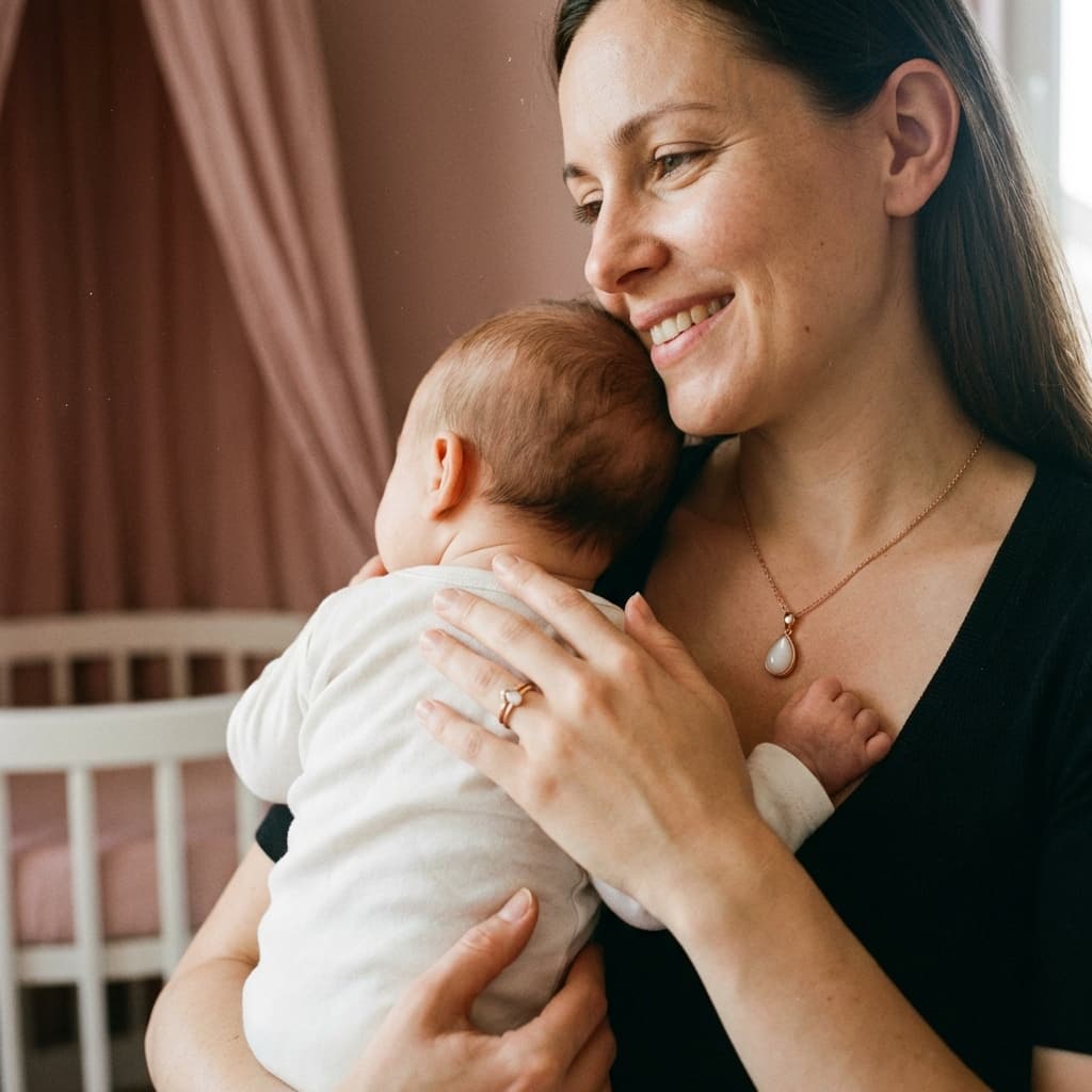 Mother cuddling her baby in a nursery, wearing a teardrop breastmilk jewellery pendant that highlights why a DIY by MILKIES at-home keepsake kit is a meaningful way to preserve precious moments.